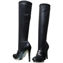 F/2007 L# 10 VERSACE VINTAGE SCHWARZE STRETCH-LEDERPlateaustiefel 38,5 - 8,5