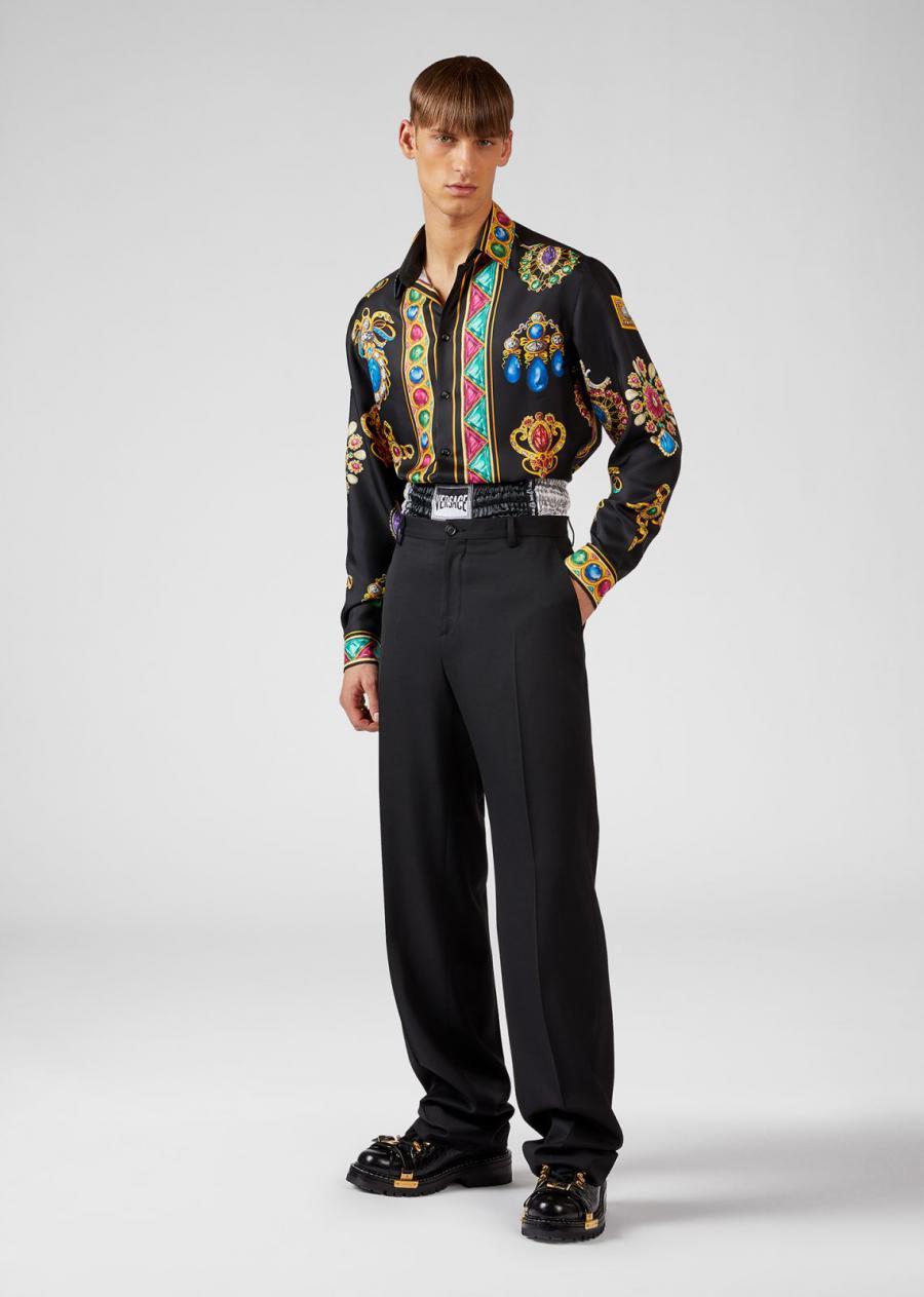De los hombres F/2019 Look # 51 NUEVA CAMISETA VERSACE NEGRA CON IMPRESIÓN DE DIAMANTES 100% SEDA IT 48, 52, 60