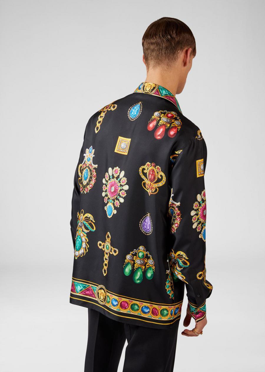 F/2019 Look # 51 NUEVA CAMISETA VERSACE NEGRA CON IMPRESIÓN DE DIAMANTES 100% SEDA IT 48, 52, 60 1
