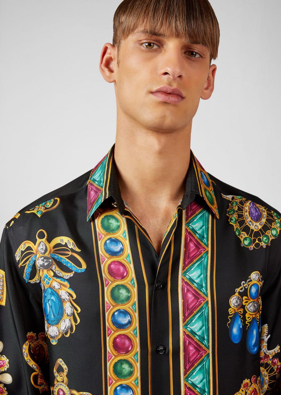 F/2019 Look # 51 NUEVA CAMISETA VERSACE NEGRA CON IMPRESIÓN DE DIAMANTES 100% SEDA IT 48, 52, 60 2