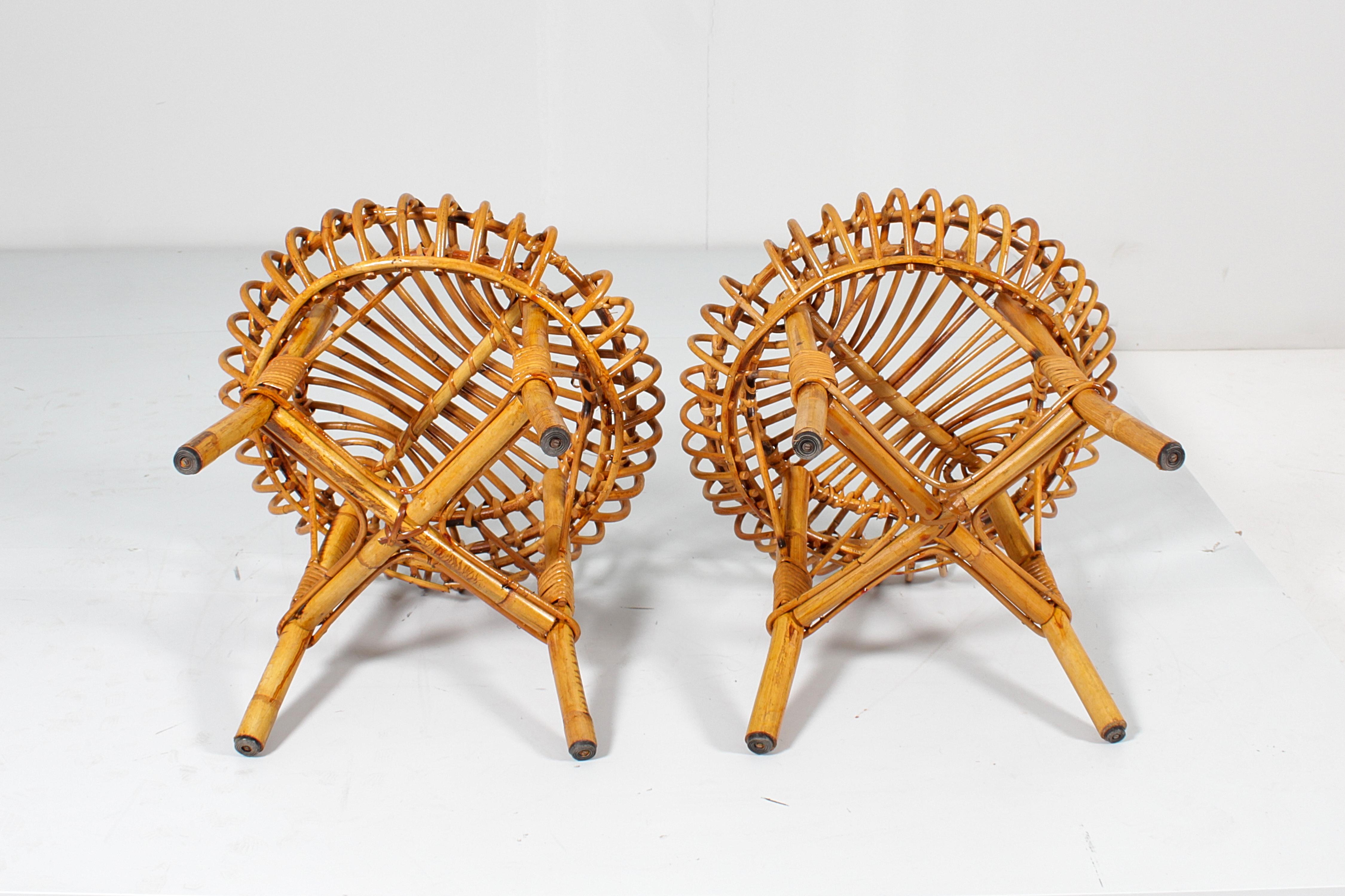F. Albini for Bonacina Set of 2 Rattan, Bamboo and Wicker Stools 60s Italy For Sale 3