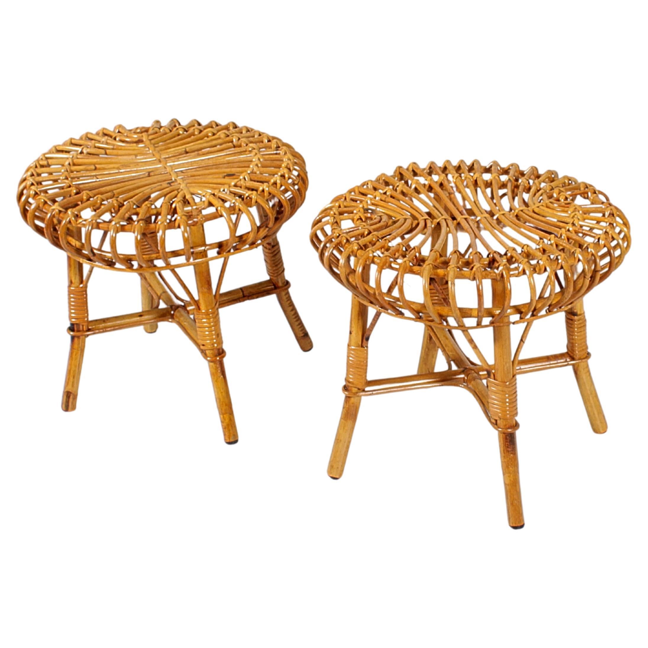 F. Albini for Bonacina Set of 2 Rattan, Bamboo and Wicker Stools 60s Italy For Sale