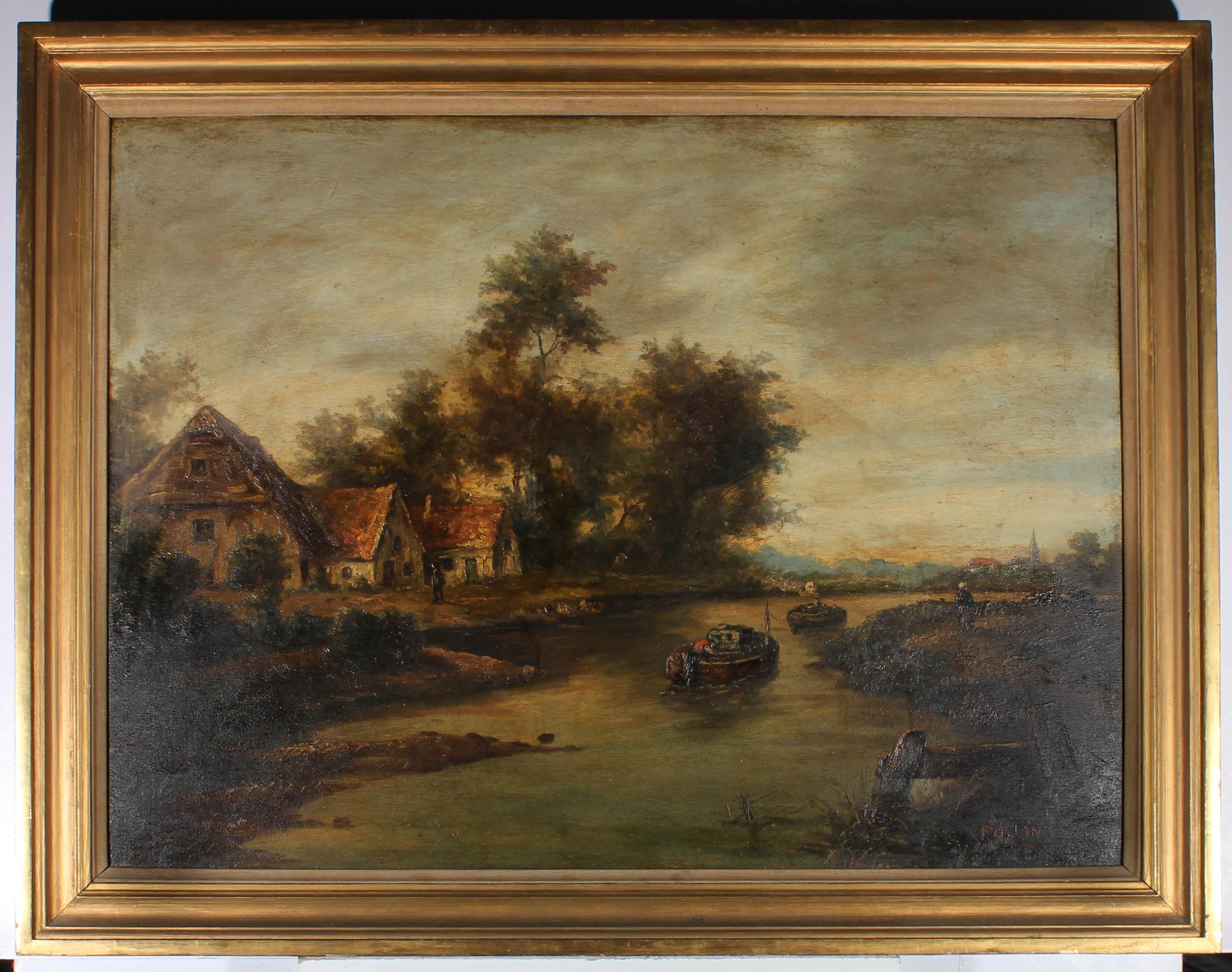 F. Allin - Early 20th Century Oil, Cottage on the River For Sale 2