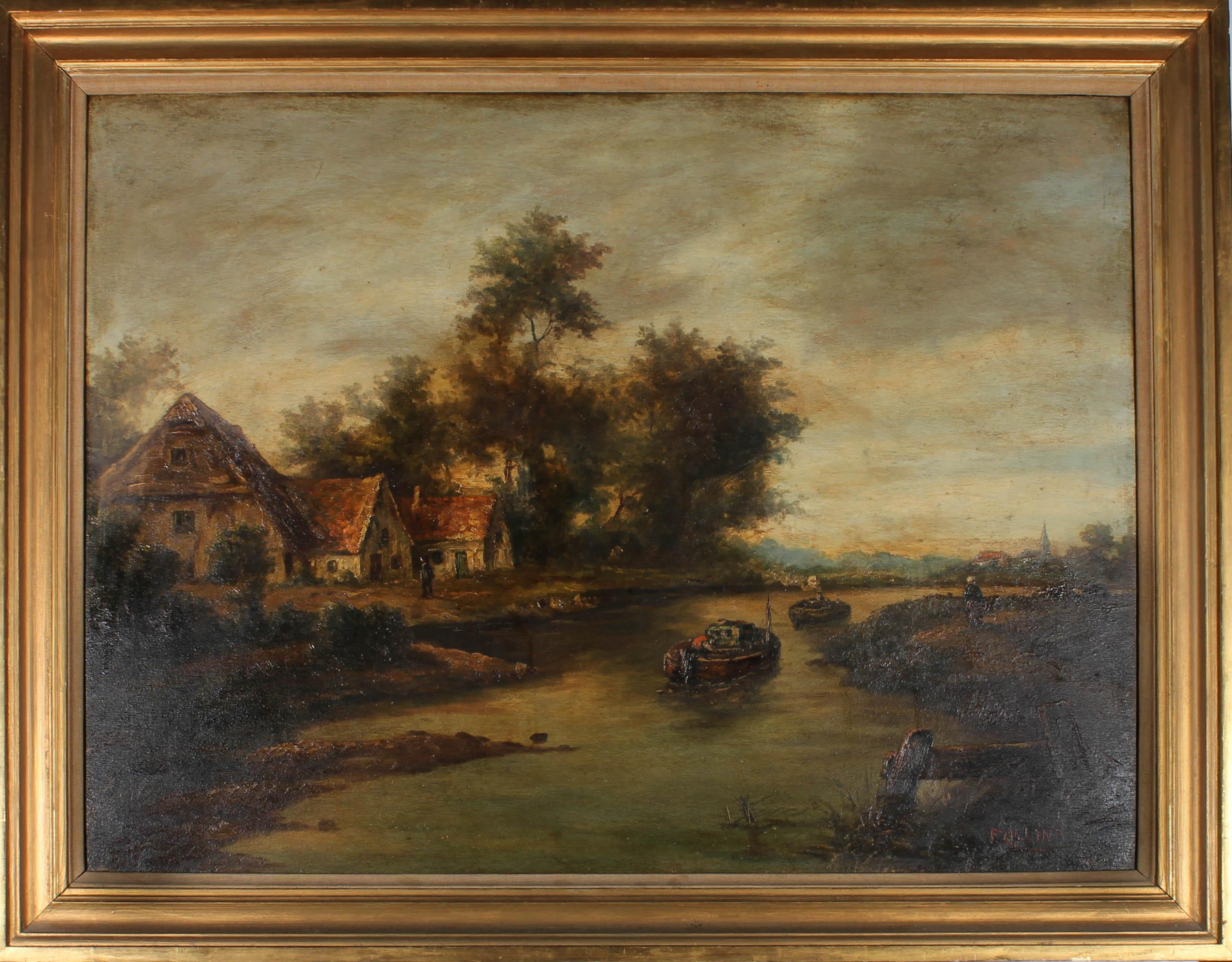 This delightful large-scale study depicts a quaint cottage on the river's edge with small fishing boats in the foreground. Signed to the lower right. Presented in a substantial gilt frame with a cotton slip. On panel .