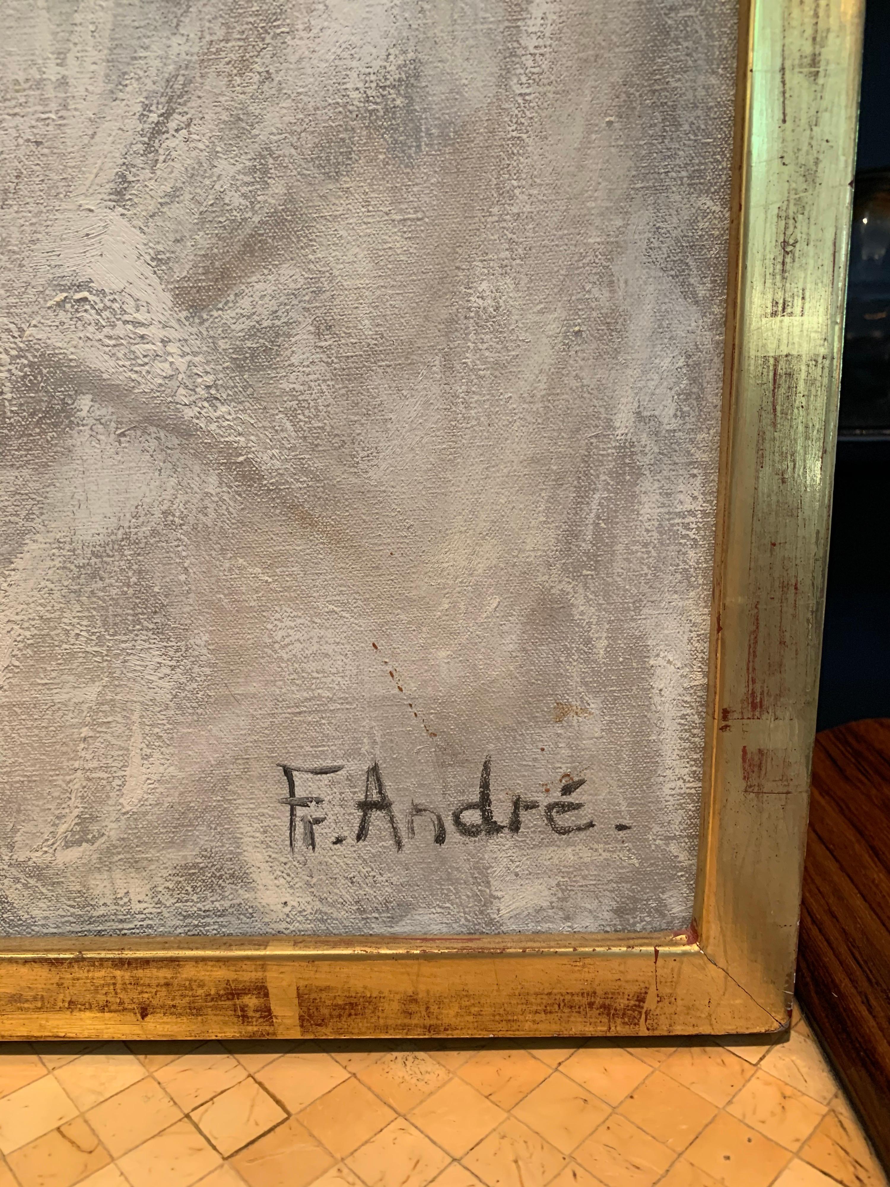 Gerahmte Vintage abstrakte Öl auf Leinwand Figur signiert unten rechts Fr. Andre. Der vergoldete Rahmen ist original.