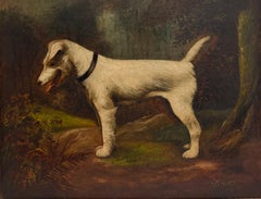 English White Terrier in Woodland Setting Antique Dog Portrait Oil Painting