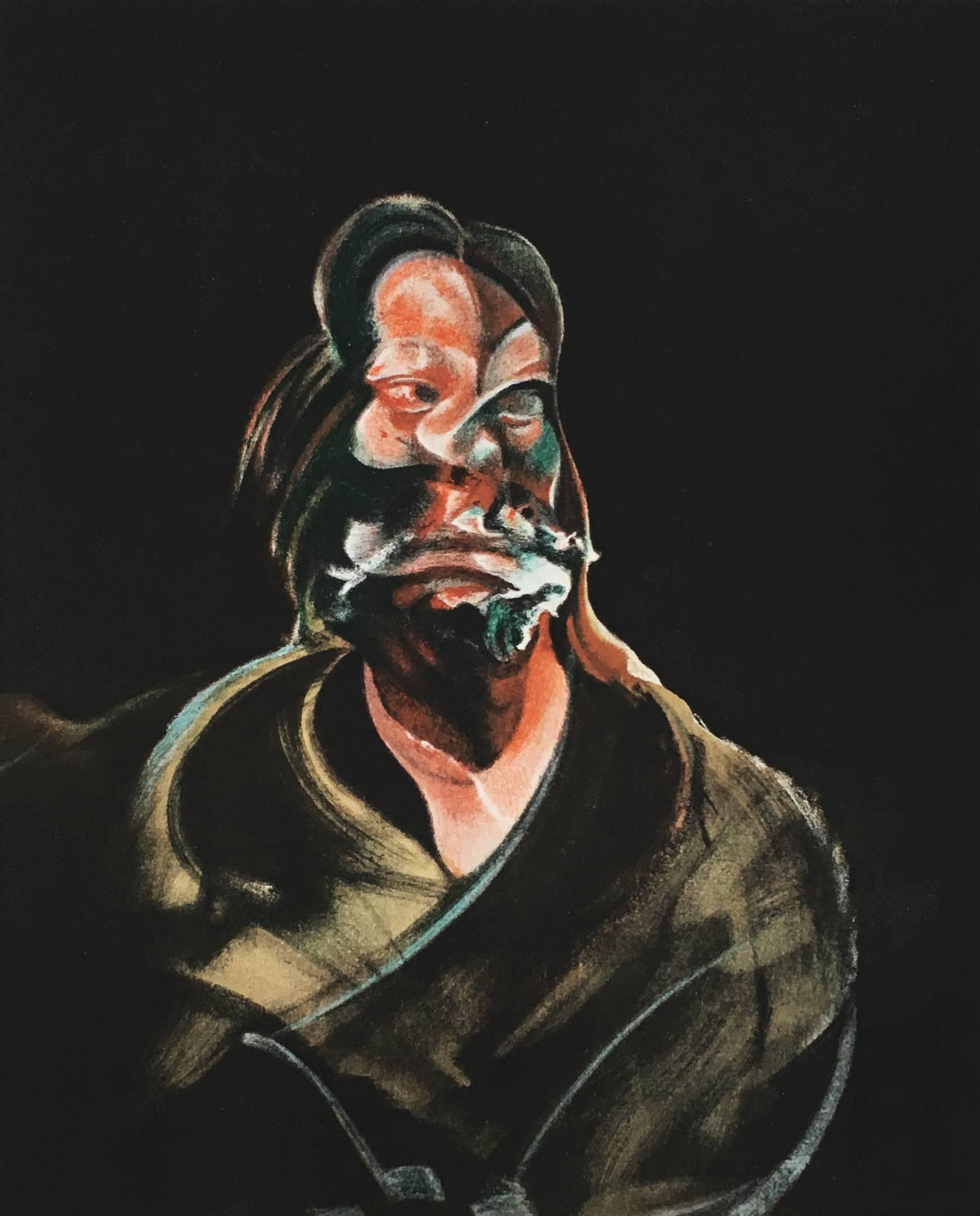 Francis Bacon Porträt von Isabel Rawsthorne:: Lithographie 
Mappe: Derriere Le Miroir:: 1966 
Herausgegeben von: Galerie Maeght:: Paris 
Rahmen-Stück mit Rahmen. 

Farbe: Lithographie in Farben auf Velin 
Abmessungen: 28 x 28 cm (11 x 15 Zoll) 
In