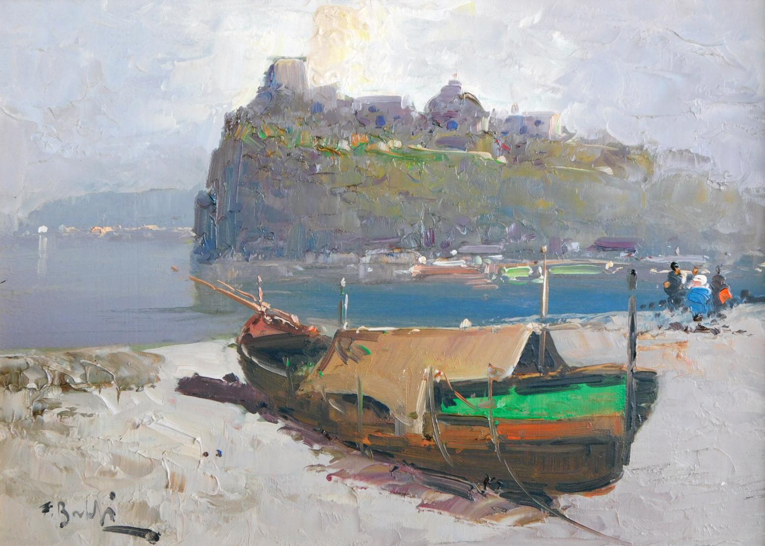 F. Baldi (italiano, prima metà del XX secolo) è stato attivo/ha vissuto in Italia ed è noto per i suoi dipinti costieri; ogni scena costiera piena di sole è dipinta con pesanti pennellate impressionistiche; ognuna è dotata di cornici personalizzate