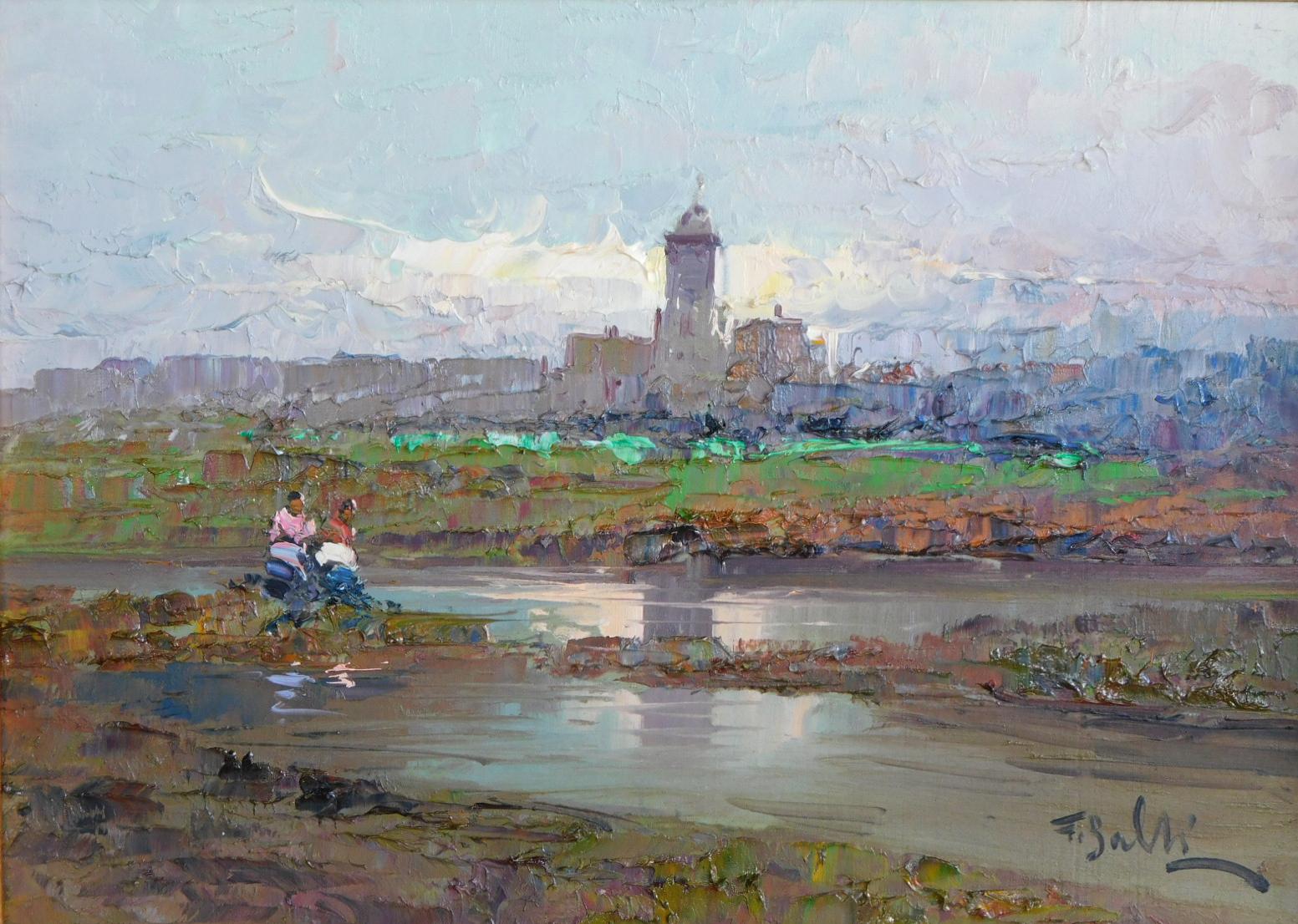 Italiano F. BALDI  Dipinti impressionisti originali olio su tavola con scene di castelli