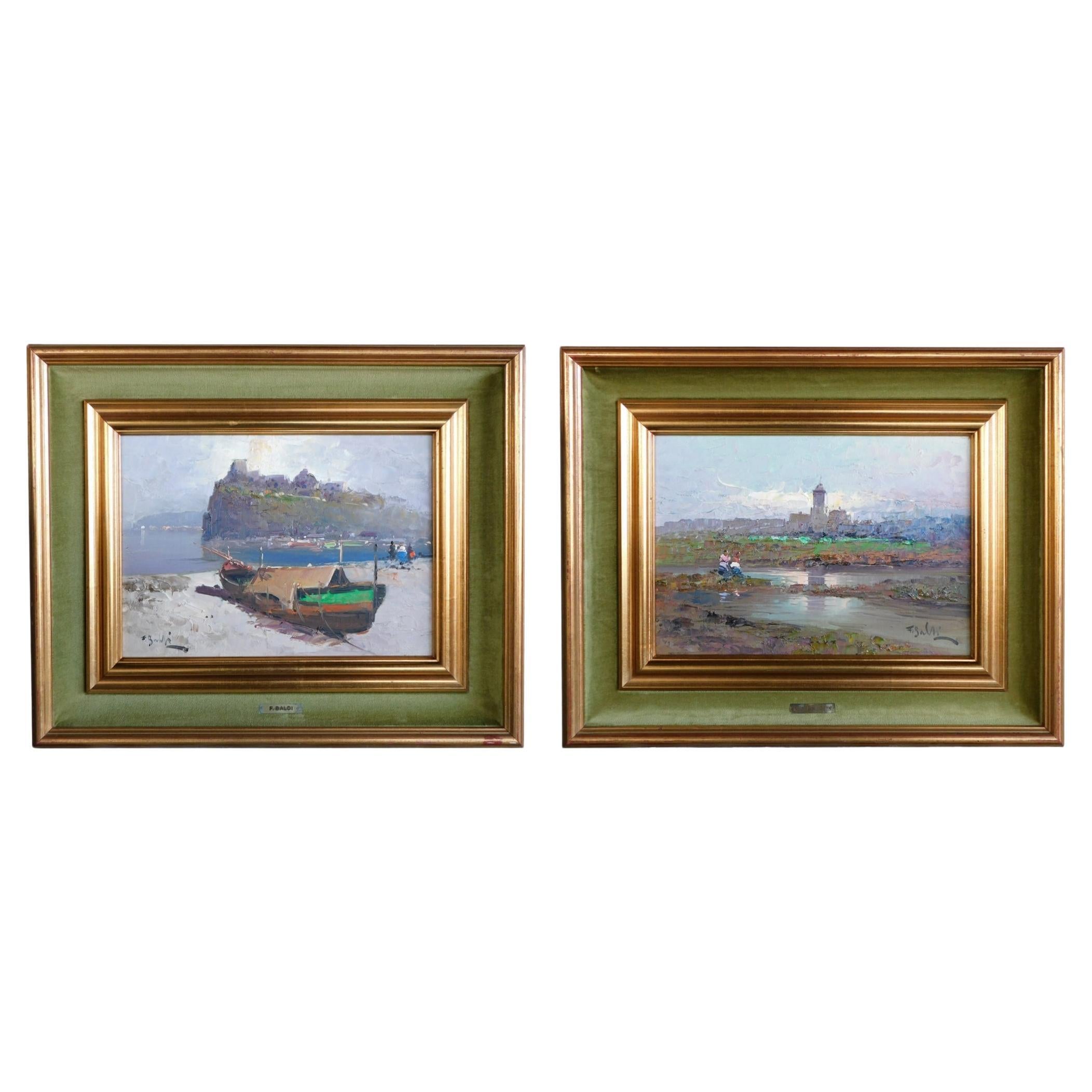 F. BALDI  Original Oil on Board Impressionist Paintings of Castle Scenes For Sale