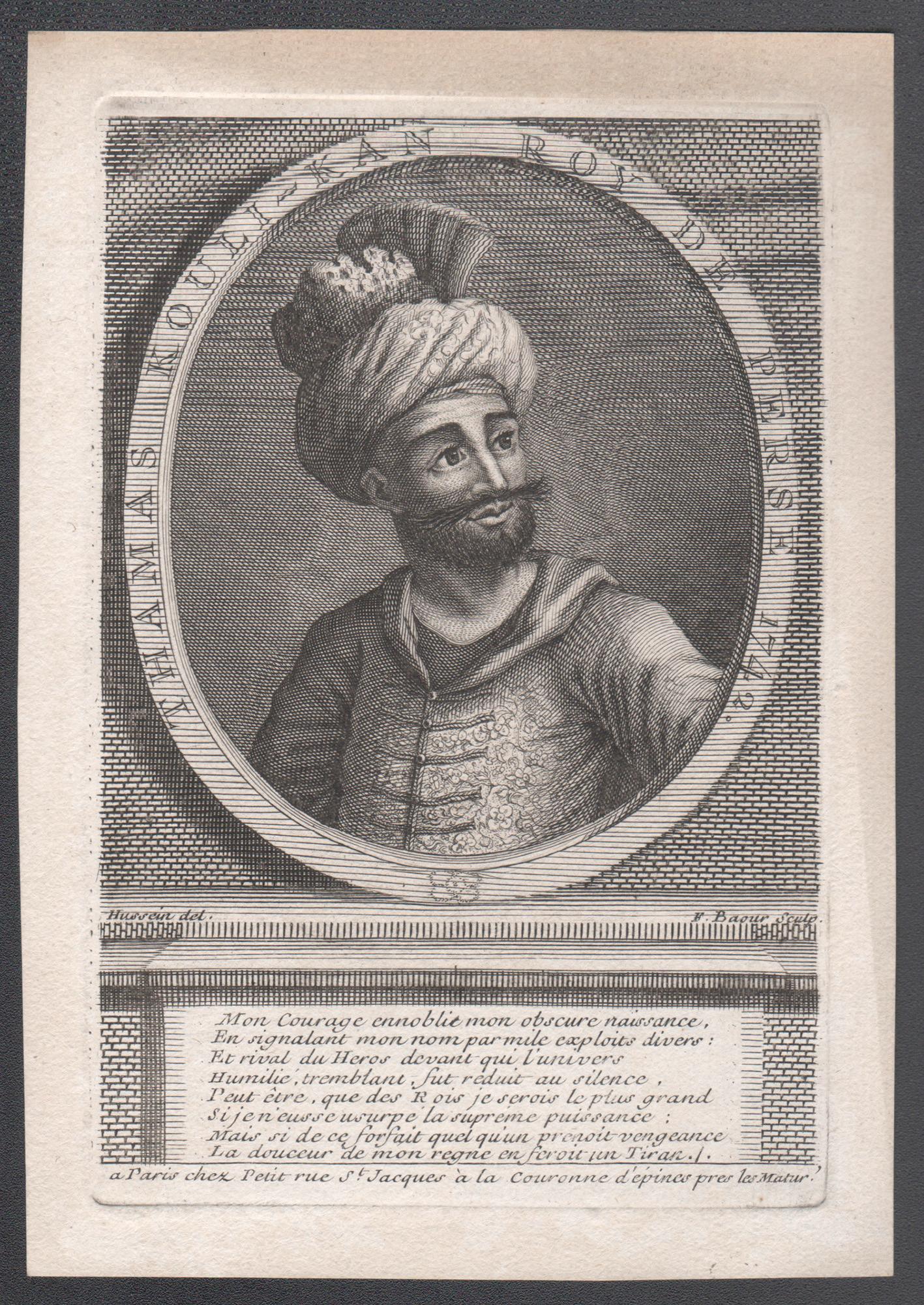 Thamas Kouli-Kan, Roy de Perse, 1742 (Nader Schah), Porträtstiche, 1742 – Print von F Baour after Hussain