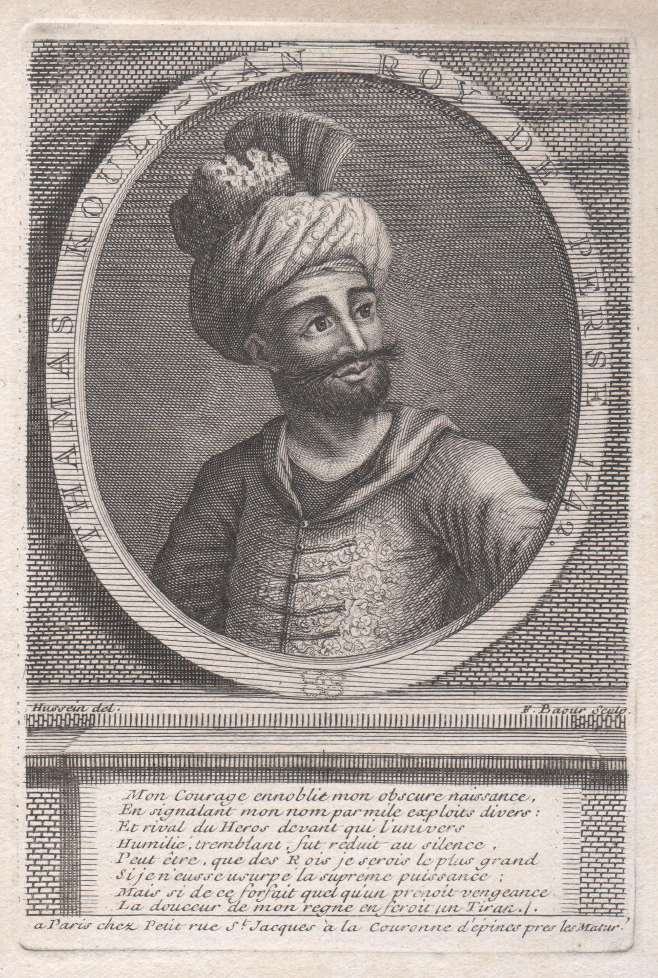 F Baour after Hussain Portrait Print – Thamas Kouli-Kan, Roy de Perse, 1742 (Nader Schah), Porträtstiche, 1742