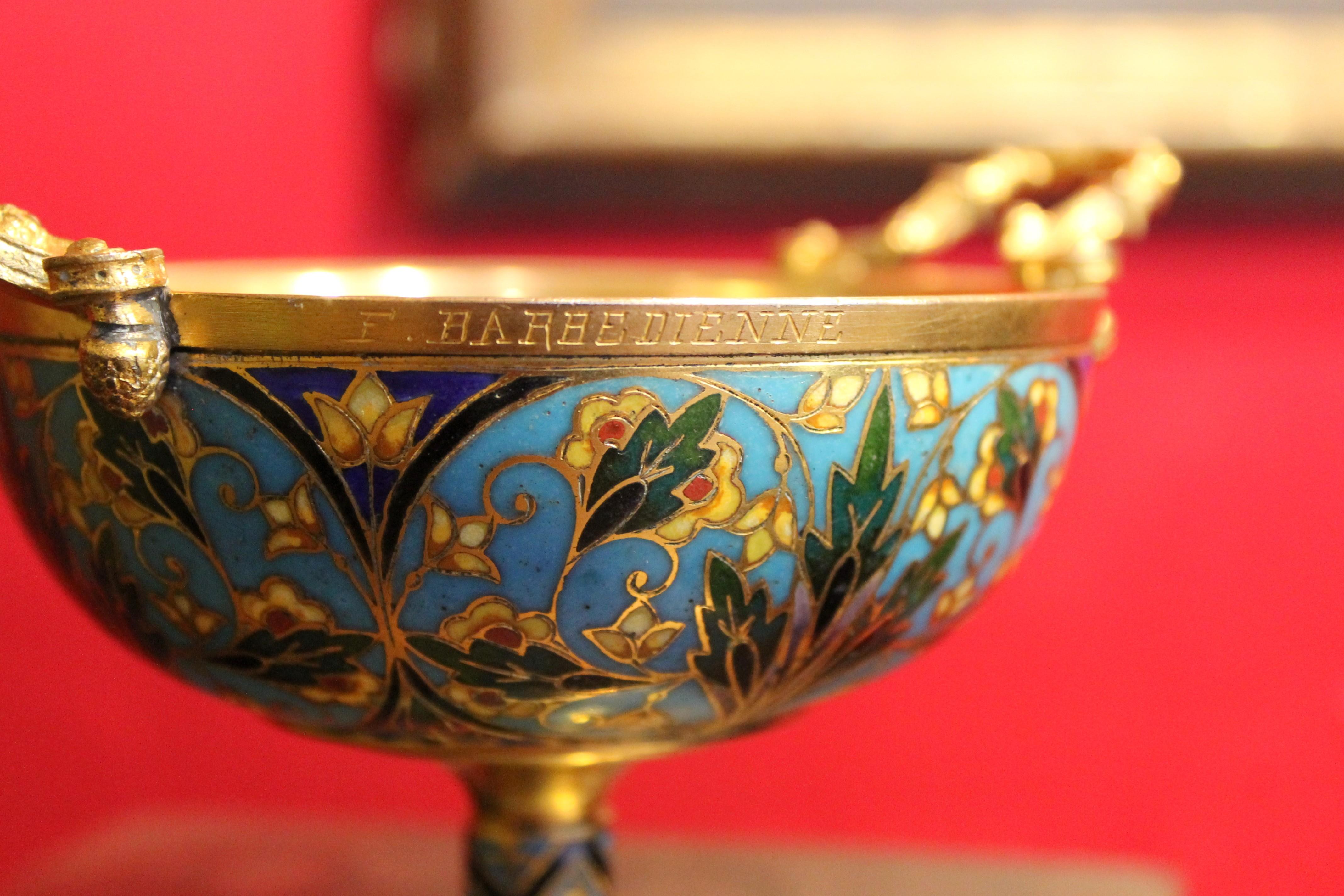 Napoleon III F. Barbedienne, 19th Century French Gilt Bronze and Cloisonnè Enamel Tazza Cup For Sale