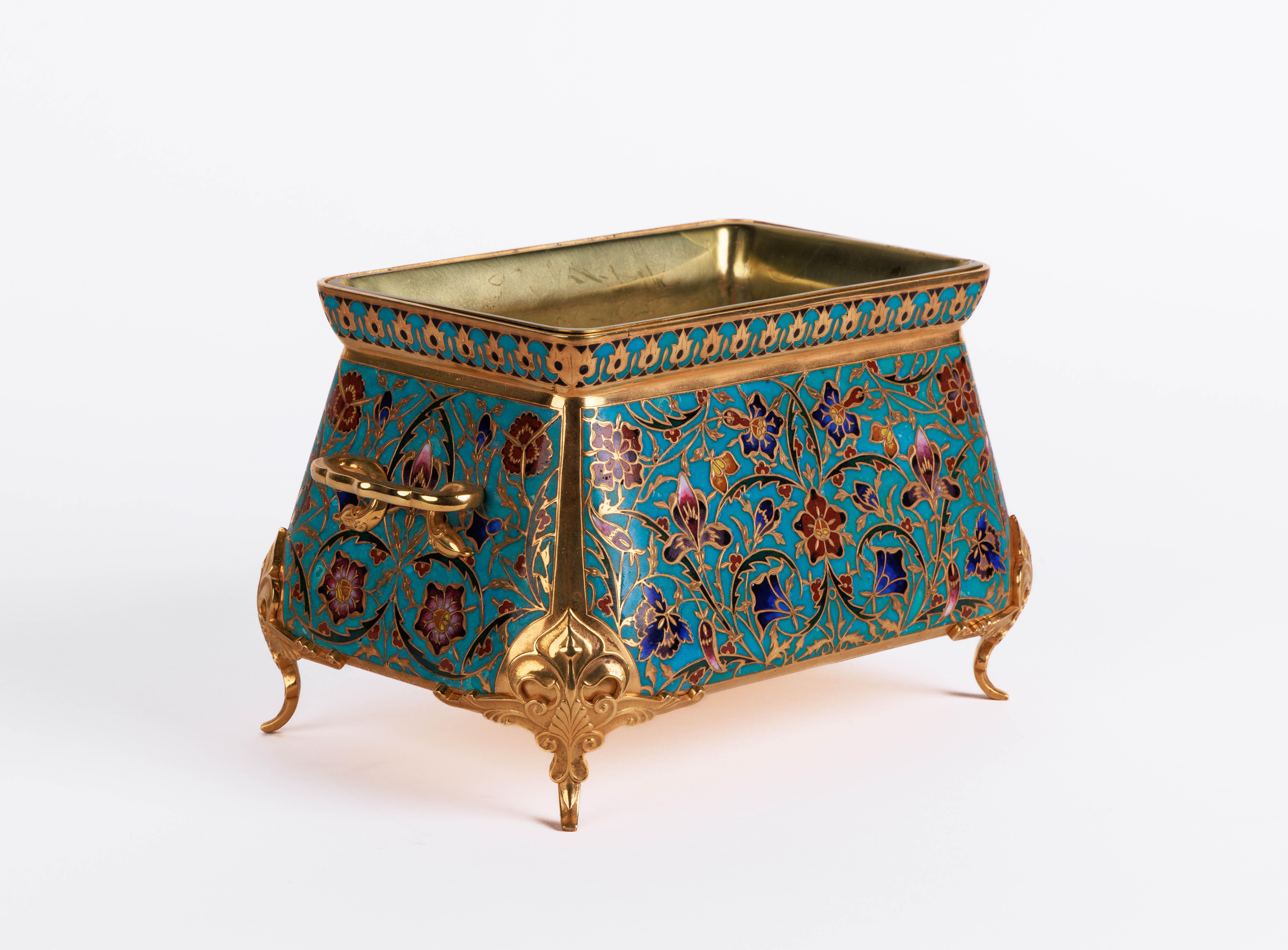 Napoleon III F. Barbedienne, A Suite of Three French Ormolu and Champleve Enamel Jardinieres  For Sale