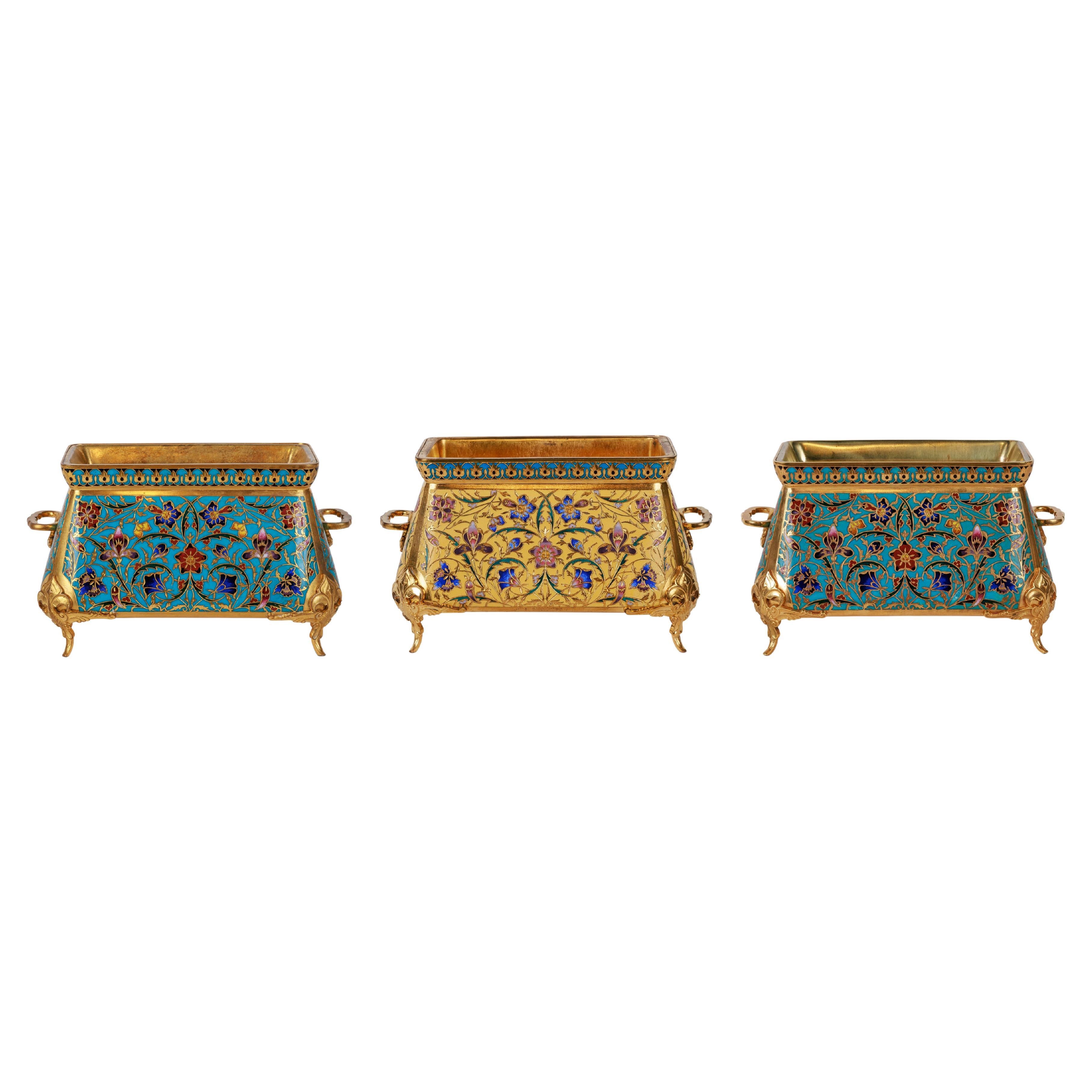 F. Barbedienne, A Suite of Three French Ormolu and Champleve Enamel Jardinieres 