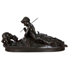 F. Barbedienne Antique Bronze Sculpture of Pan and Cubs by Emmanuel Frémiet
