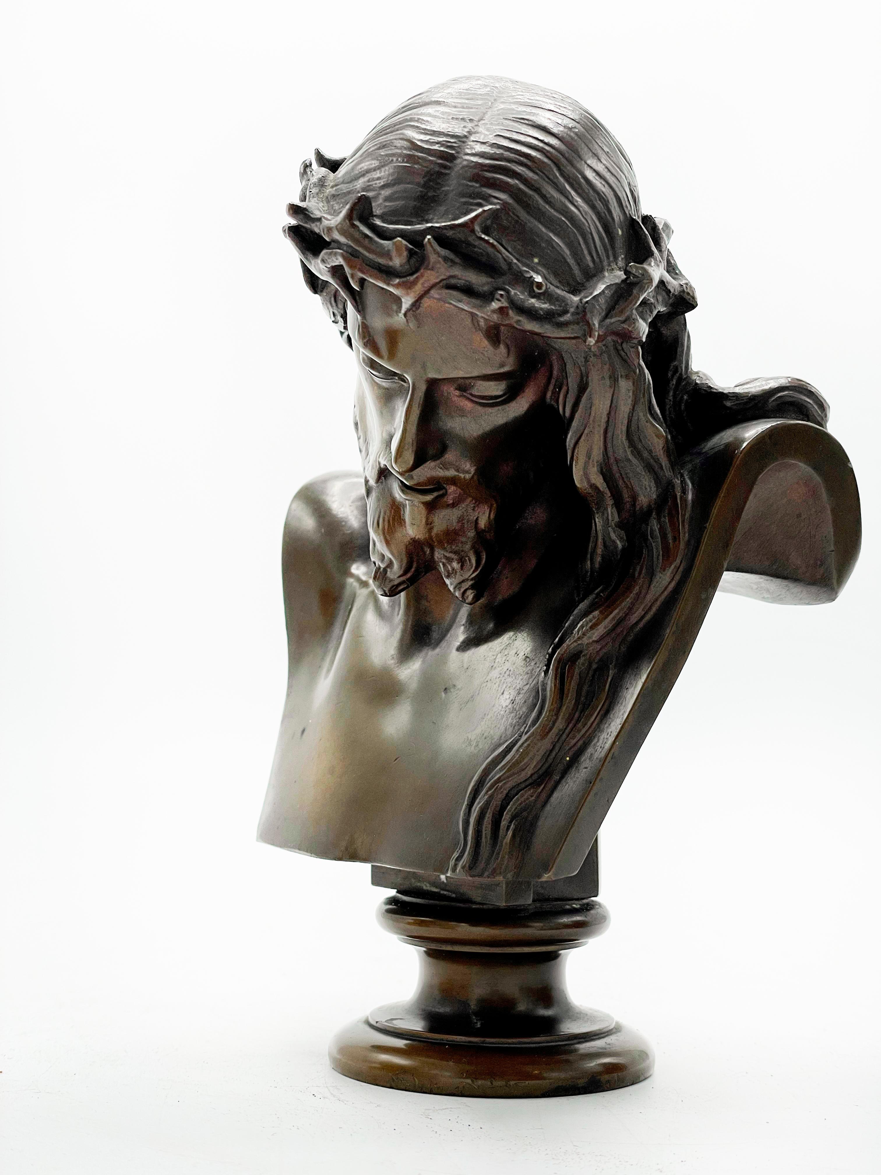 Jean-Baptiste Auguste Clesinger, French Bronze Bust of Jesus Christ, Barbedienne
1858
An exceptional French patinated realistic miniature bronze bust of Jesus Christ, 1858

Signed: J CLESINGER. 1858 and F. BARBEDIENNE FONDEUR, with the Reduction