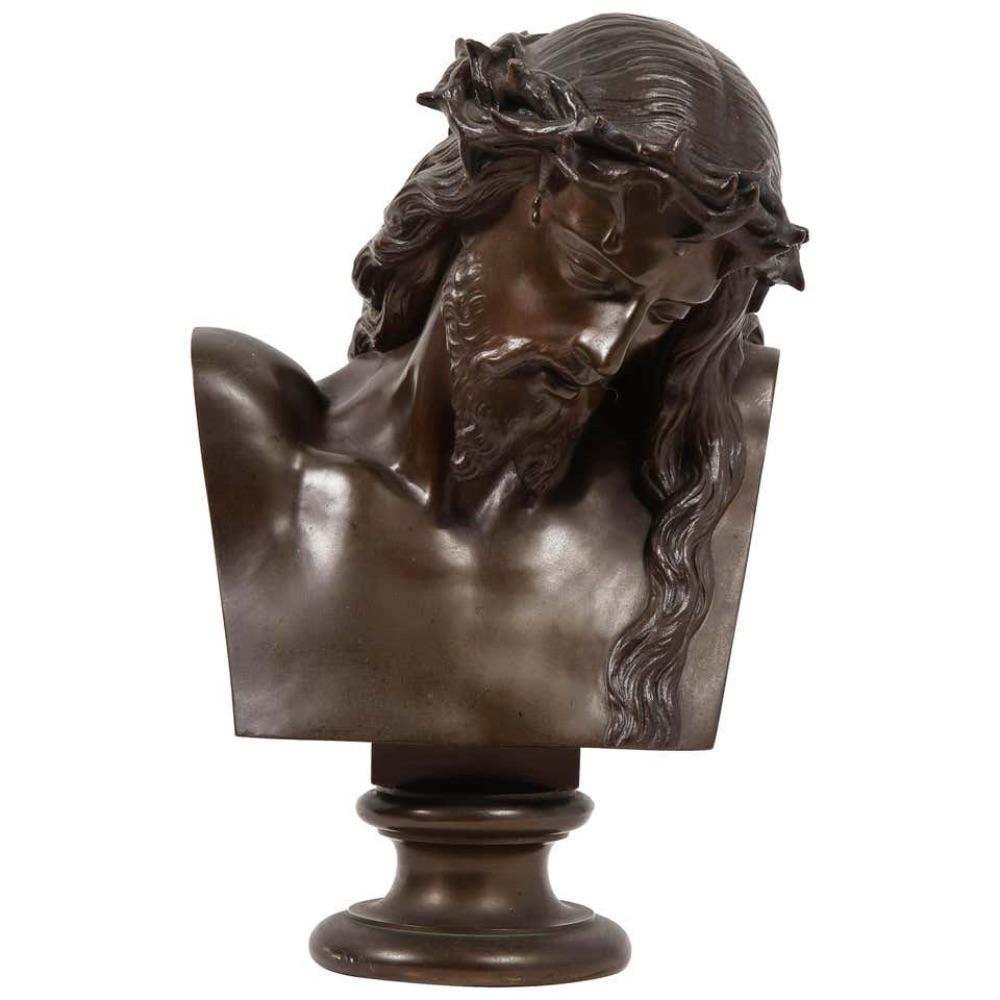 F. Barbedienne Foundry Figurative Sculpture - Jean-Baptiste Auguste Clesinger, French Bronze Bust of Jesus Christ, Barbedienne