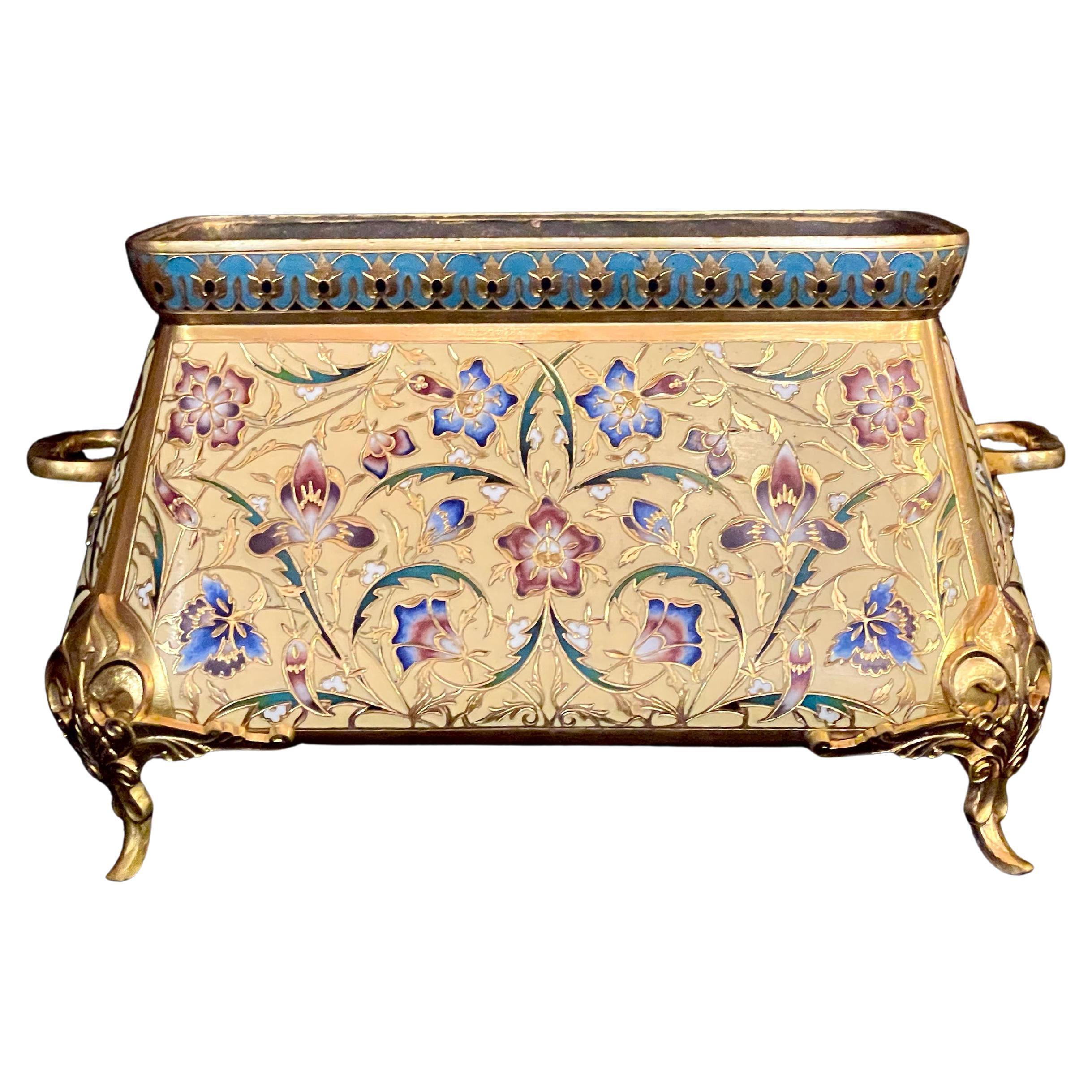 F. Barbedienne French Ormolu and Champlevé Enamel Jardinière For Sale