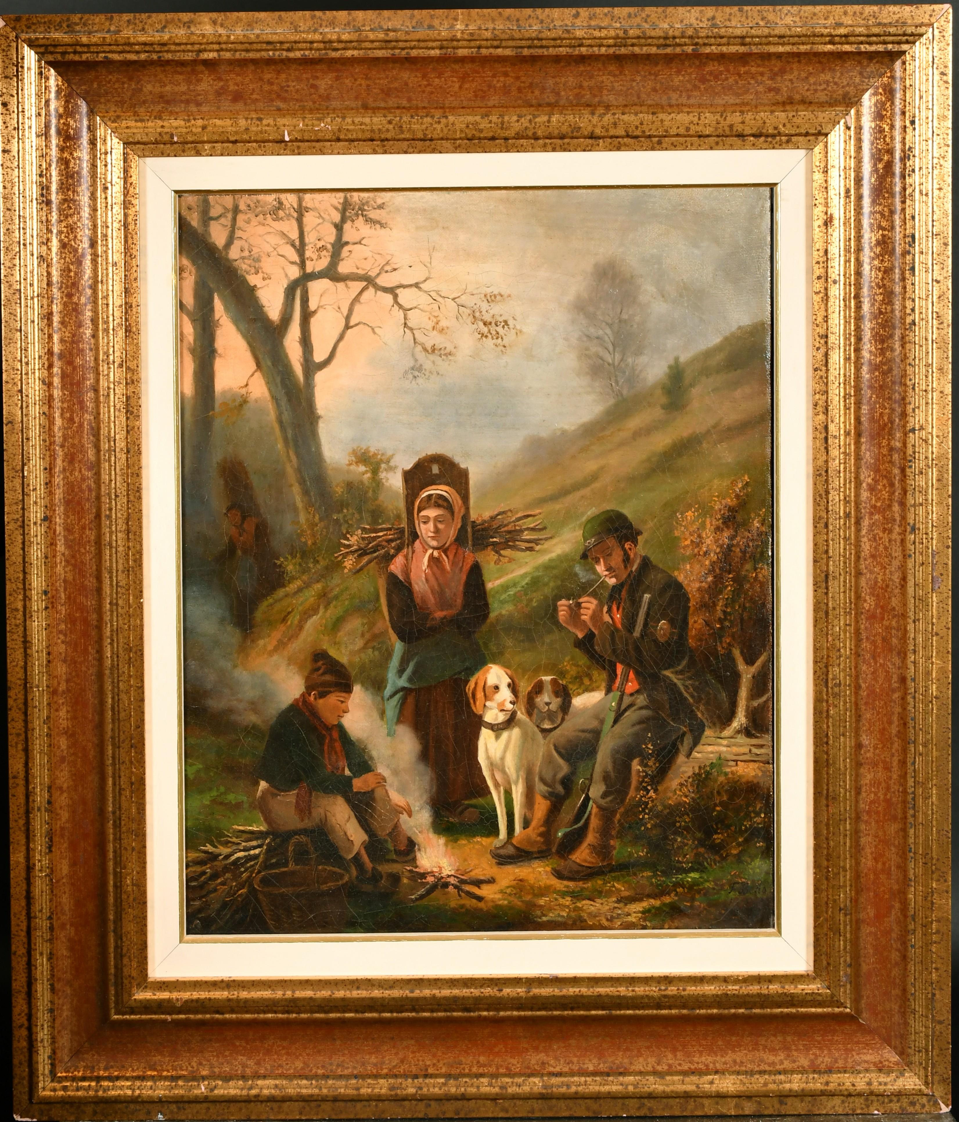 F Bedo 19th Century Animal Painting - 19th Century French Romantic Oil Family Camp Fire Dogs & Sticks