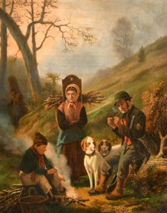 19th Century French Romantic Oil, Family Around Camp Fire, Dogs & Sticks