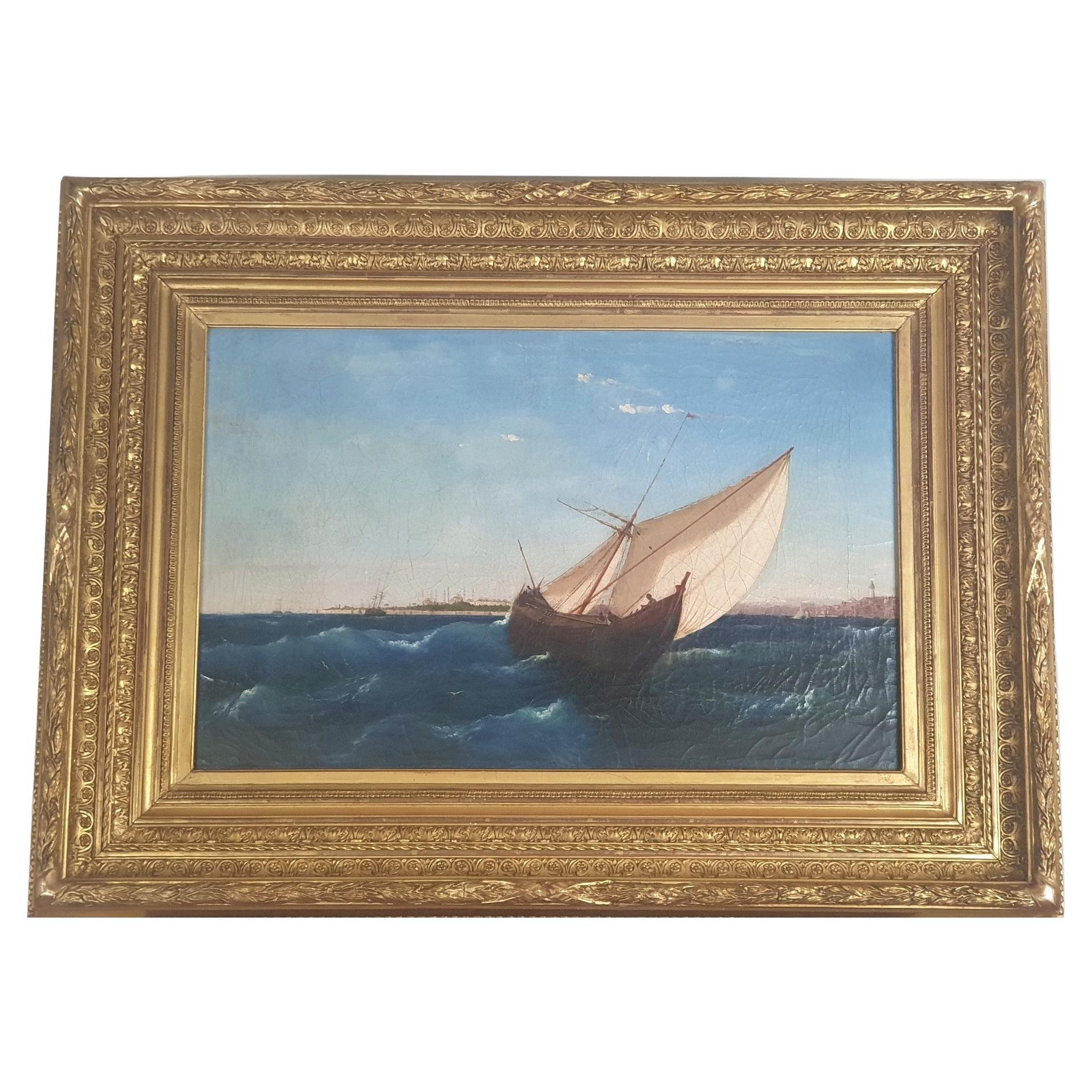 F Berré, Hst Ship in Front of Constantinople, XIXth Century For Sale