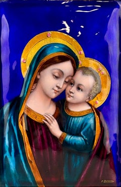 19th Century Limoges Painted Enamel on Copper Madonna and Child