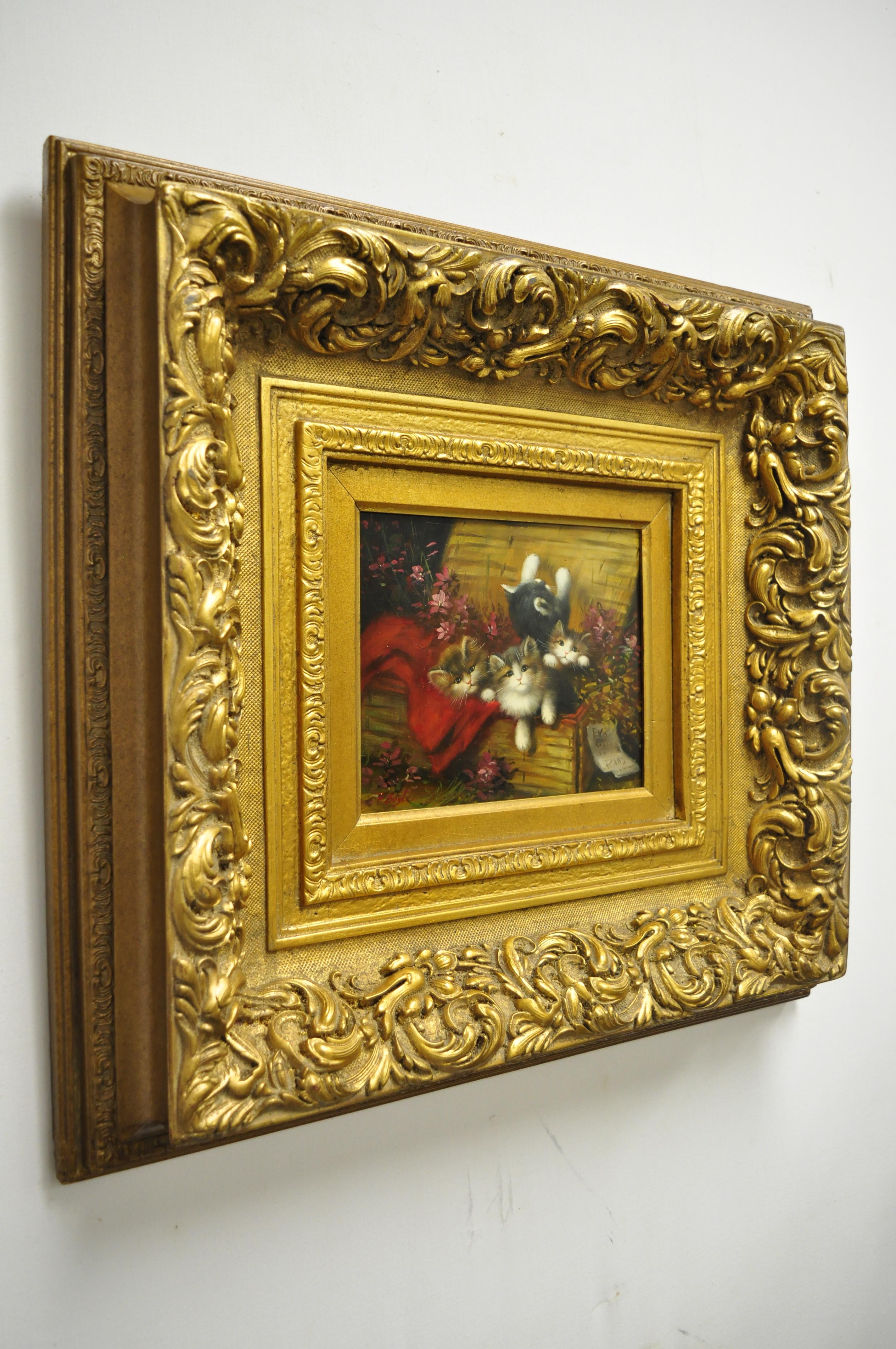 F. Boyle Signed Oil on Board Gold French Style Frame Cat Kittens Flower Painting 3