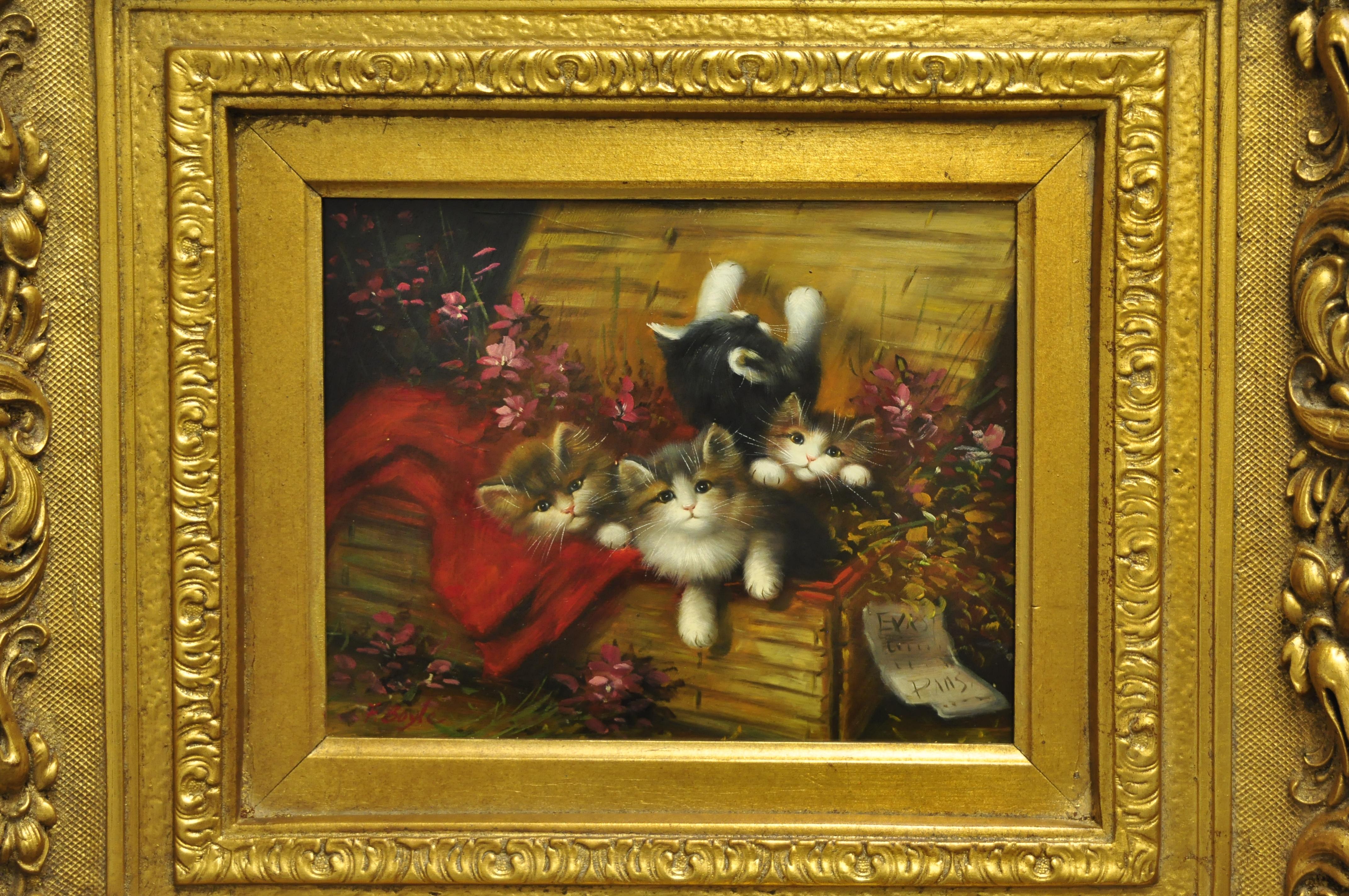 F. Boyle signed oil on board gold French style frame cat kittens flower painting. Item features oil on wood panel, gold finish, wood and gesso frame, signed 