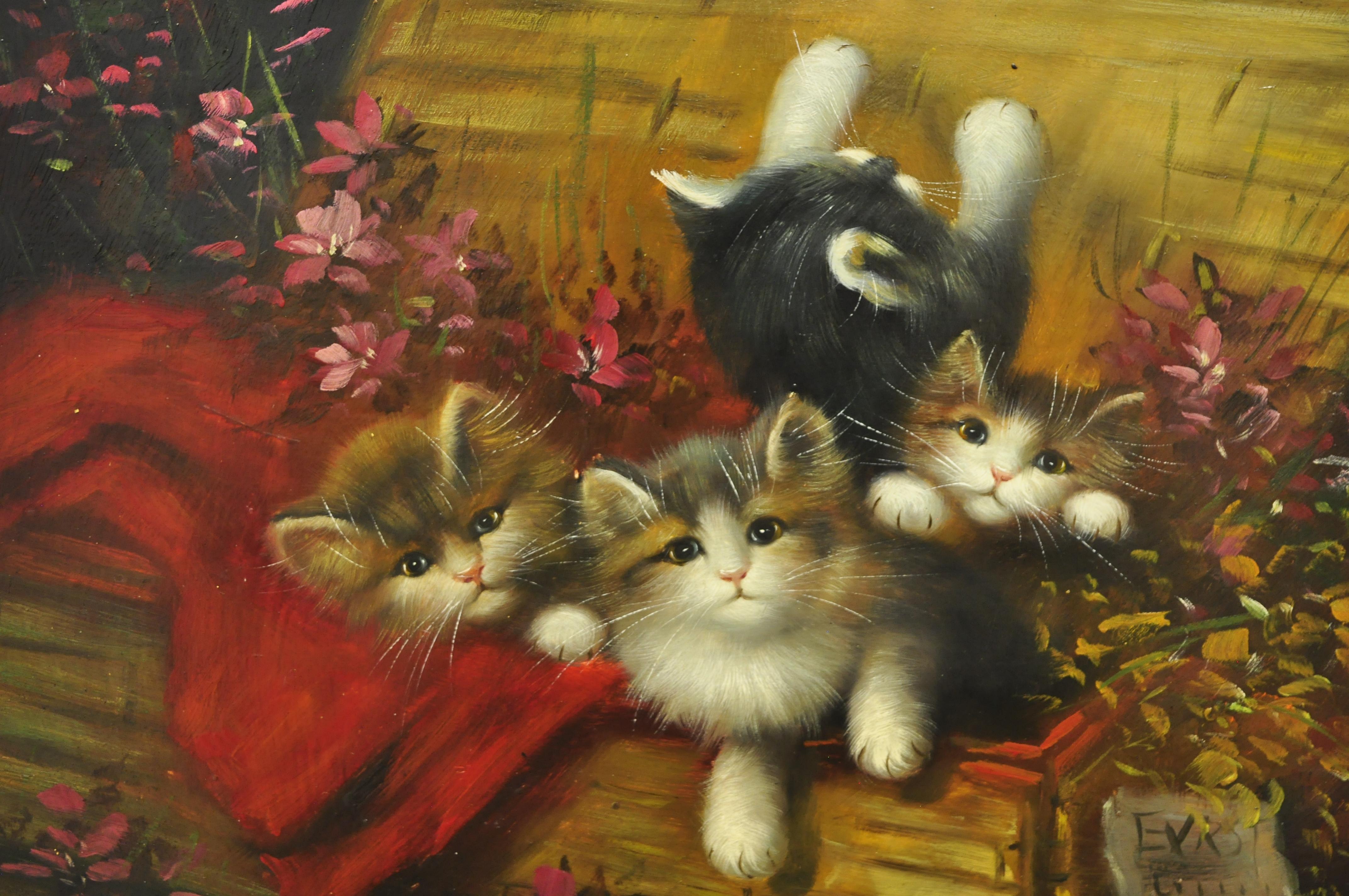 American Classical F. Boyle Signed Oil on Board Gold French Style Frame Cat Kittens Flower Painting