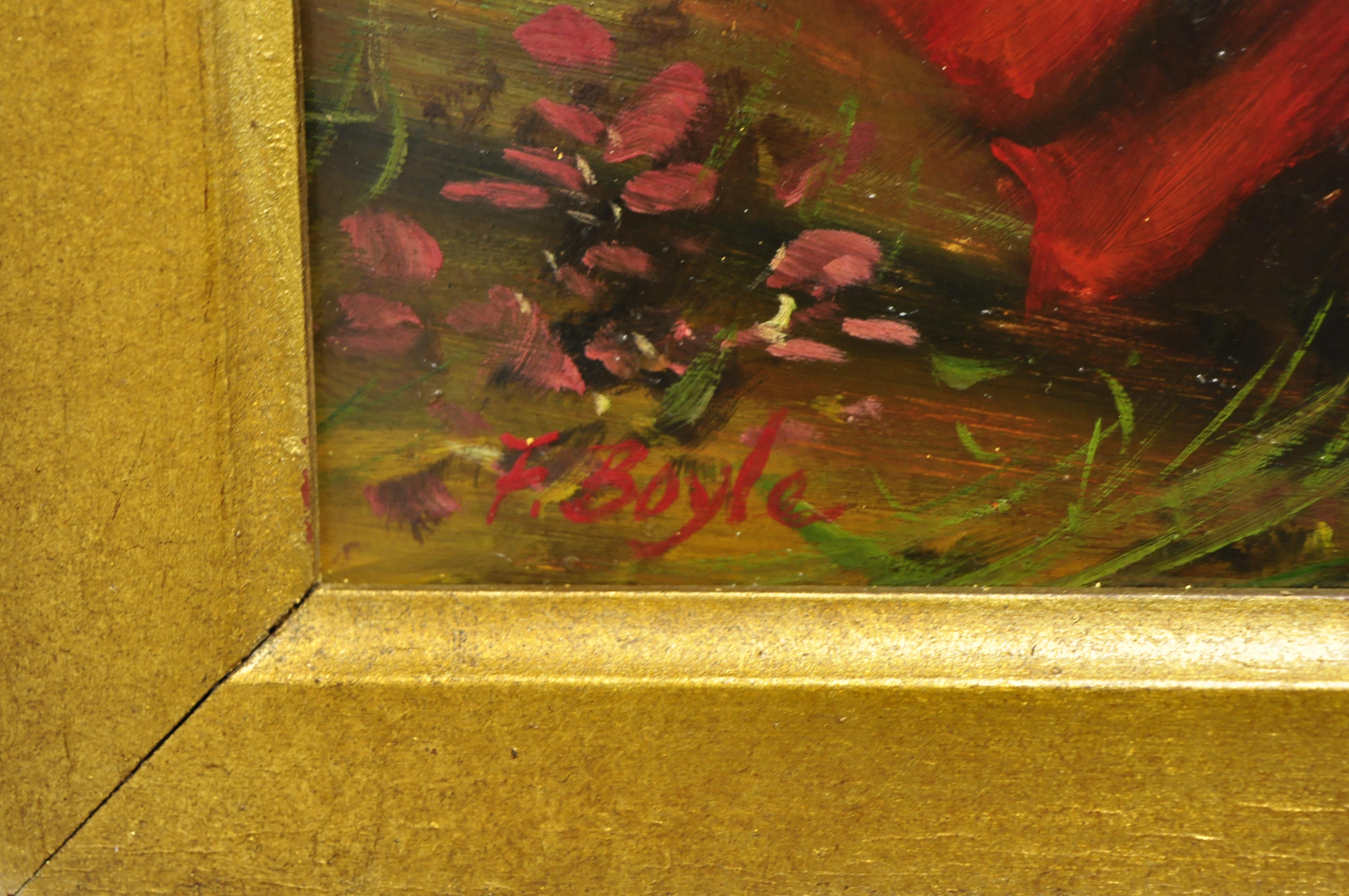Oiled F. Boyle Signed Oil on Board Gold French Style Frame Cat Kittens Flower Painting