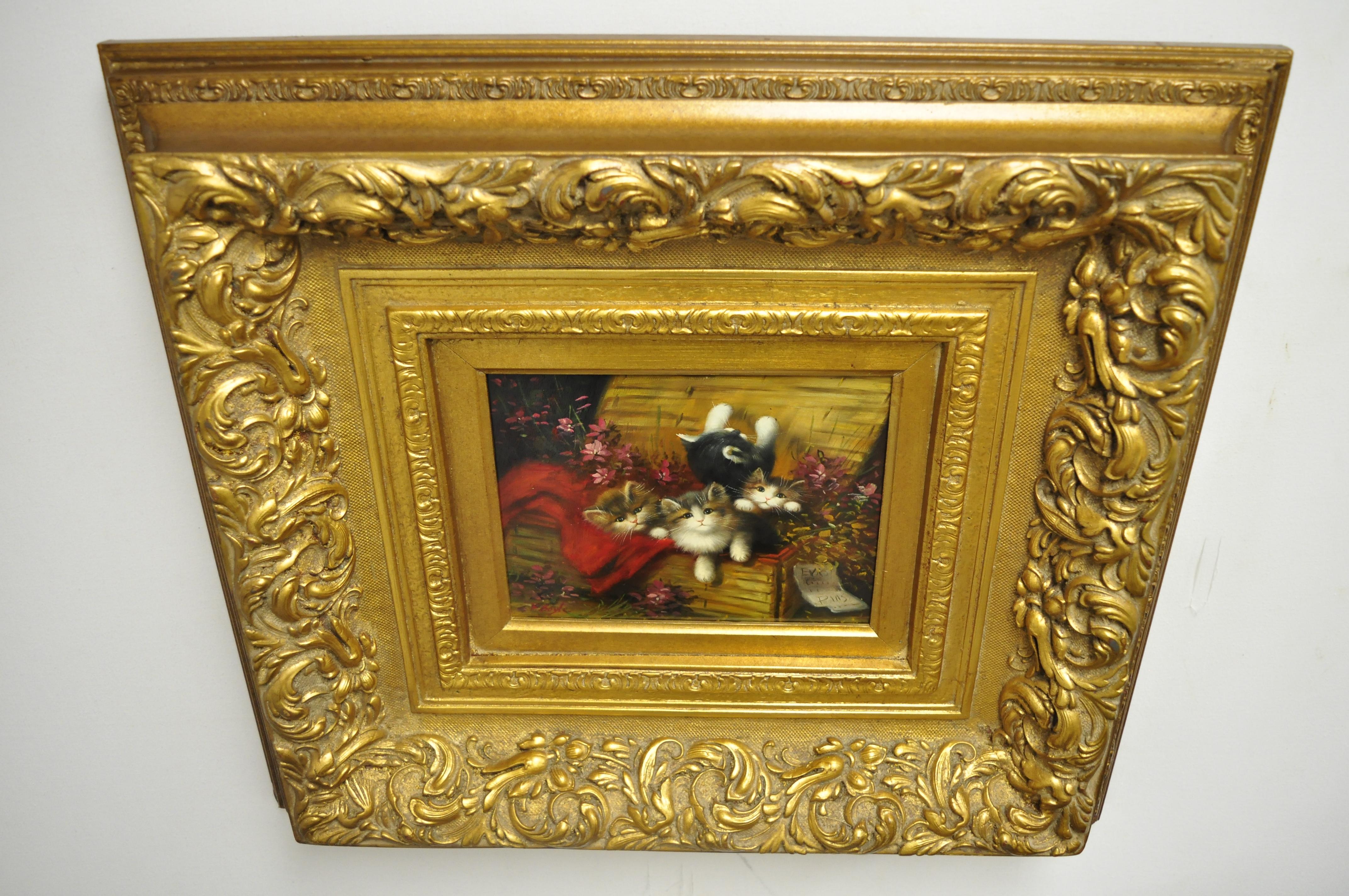 F. Boyle Signed Oil on Board Gold French Style Frame Cat Kittens Flower Painting In Good Condition In Philadelphia, PA