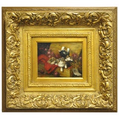 F. Boyle Signed Oil on Board Gold French Style Frame Cat Kittens Flower Painting
