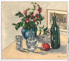 F. Braun - 1950 Oil, Still Life with Wine Bottle