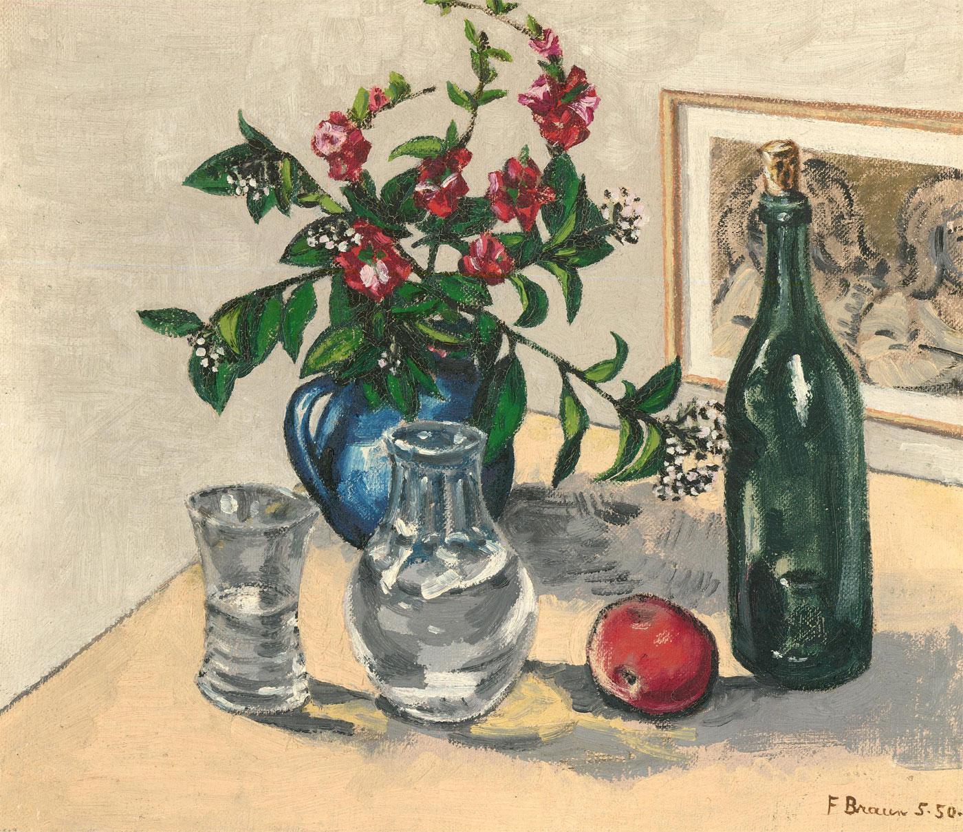 F. Braun - 1950 Oil, Still Life with Wine Bottle For Sale 1