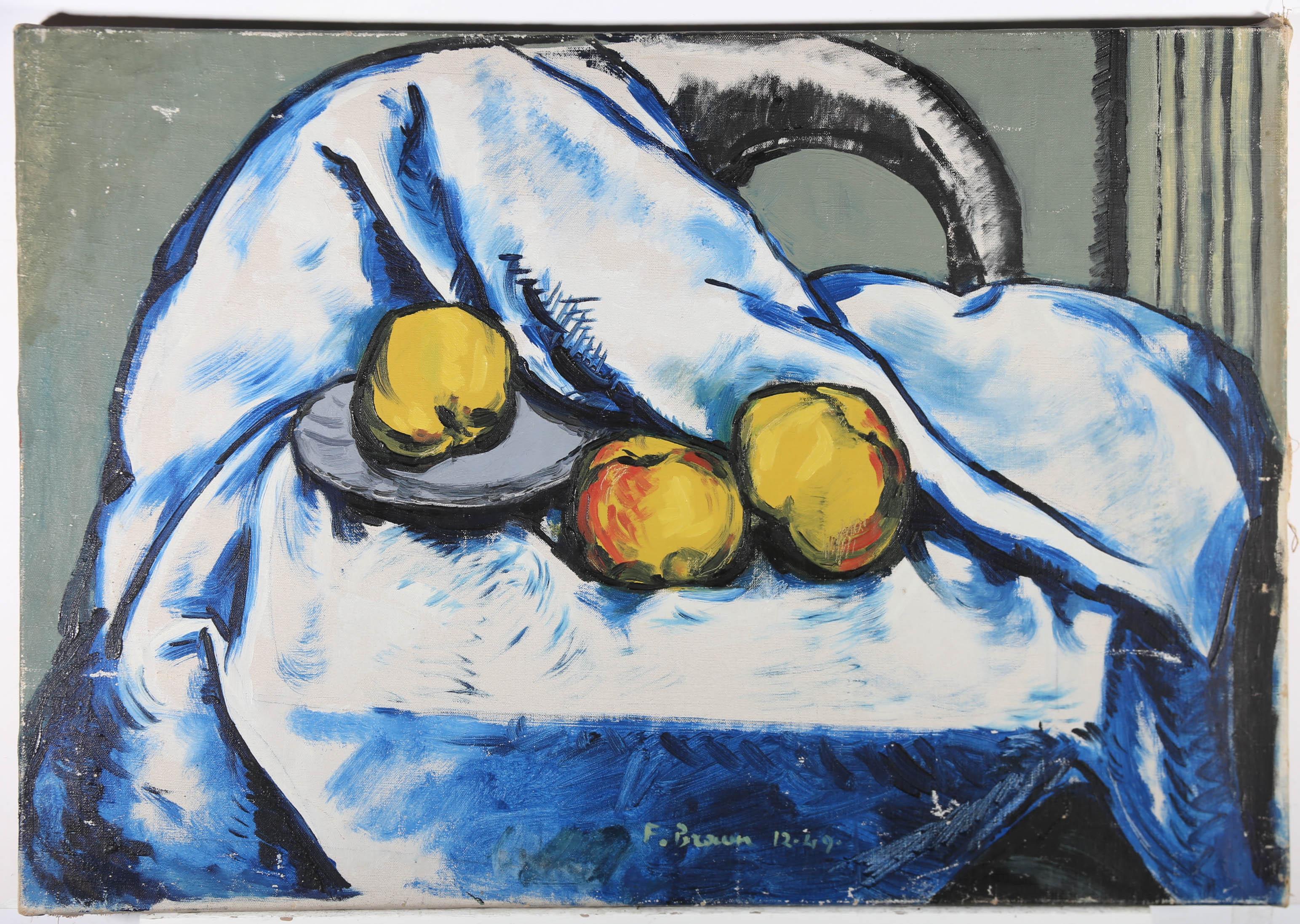 F. Braun After Cezanne - 1949 Oil, Apples with Tablecloth For Sale 1