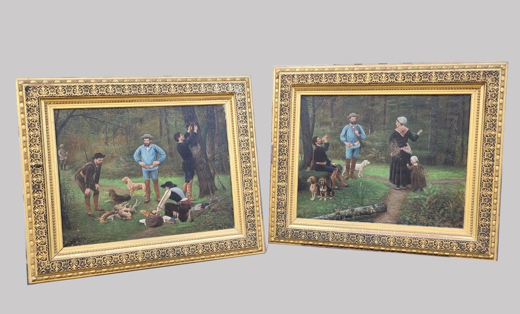 Français Paire de peintures de F Brillaud, Scènes de chasse, XIXe siècle en vente