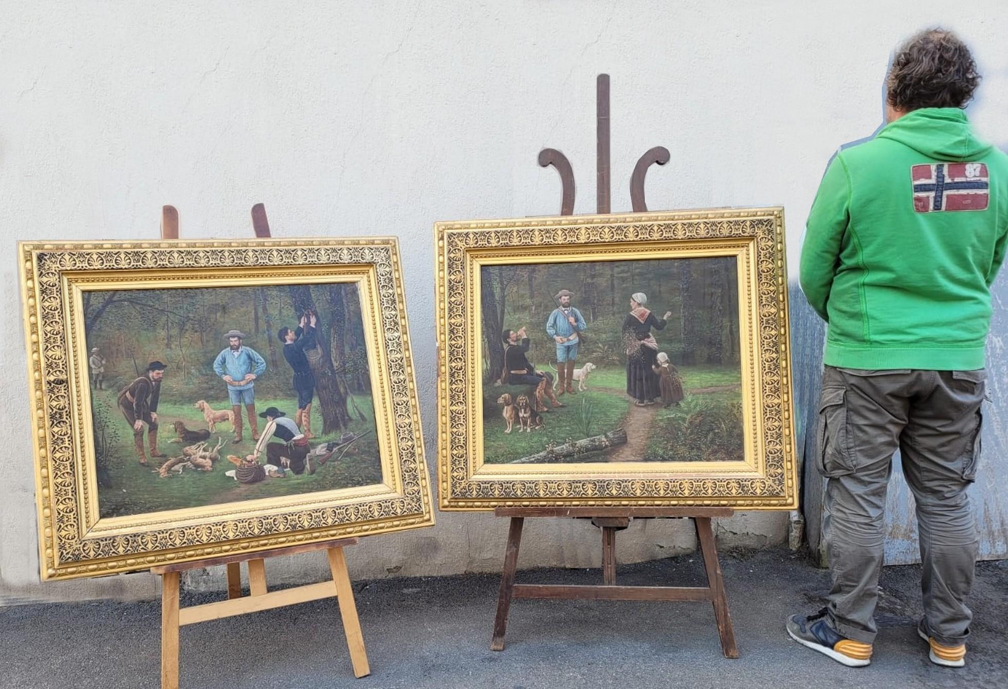 Peint à la main Paire de peintures de F Brillaud, Scènes de chasse, XIXe siècle en vente