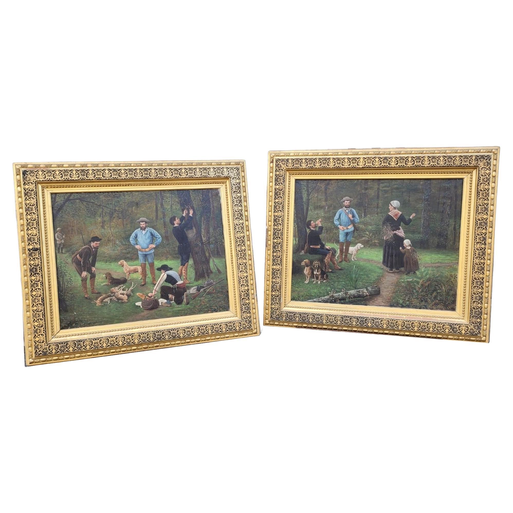 F Brillaud, Pair of Paintings, Hunting Scenes, XIXth Century For Sale