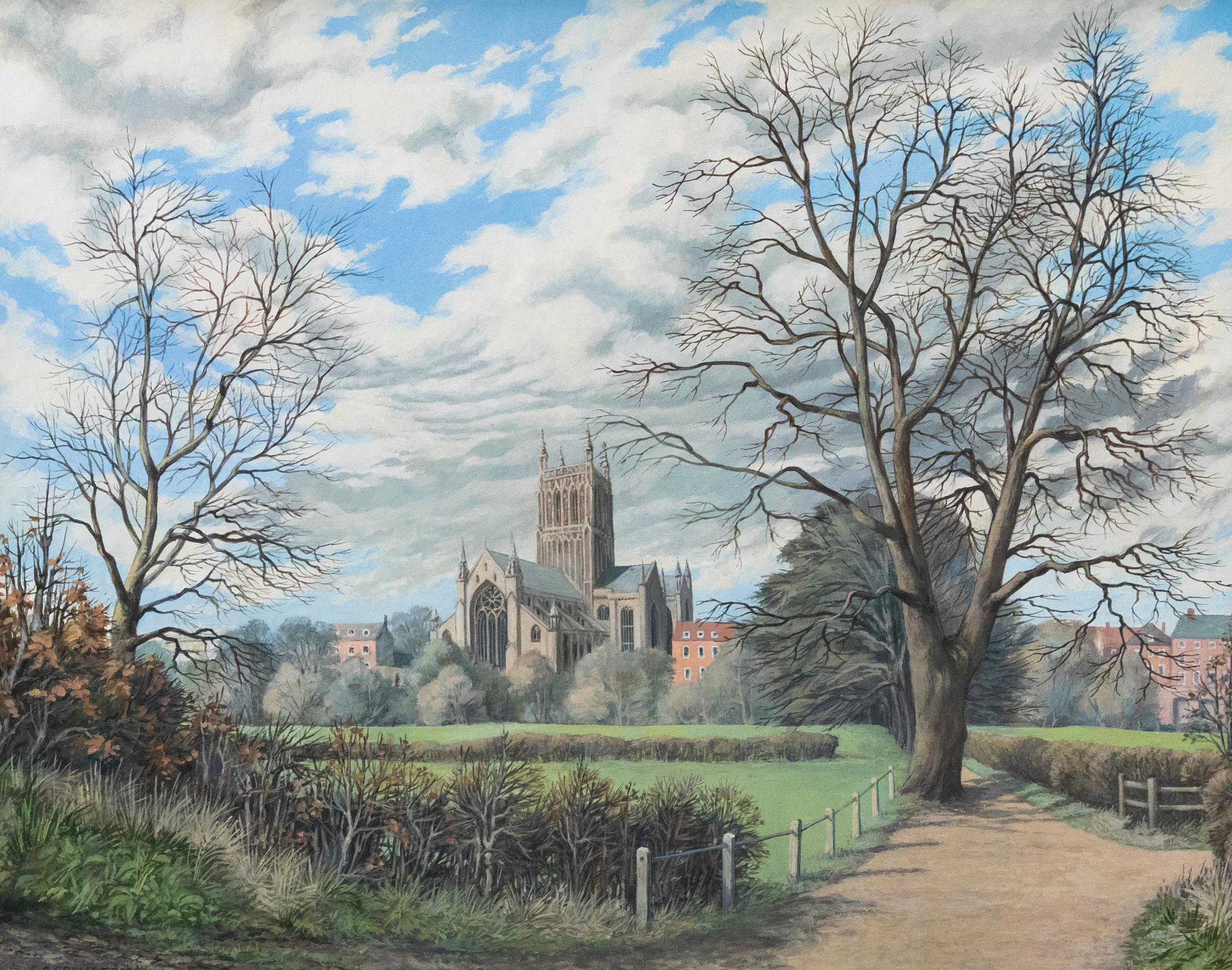 C. Crompton:  Acryl, Ansicht der Kathedrale von Worcester aus dem Jahr 1996 im Angebot 1
