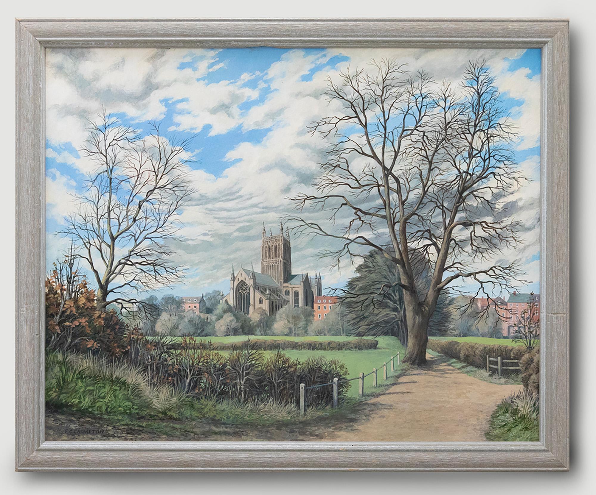 A charming study of Worcester Cathedral on a winter afternoon. Signed to the lower left. Label with title and date to the reverse. Presented in a wooden frame. On board.