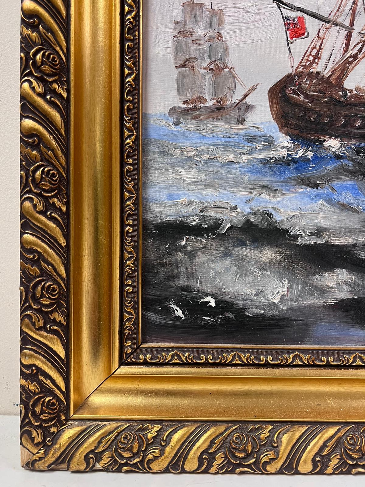 Large Historical Naval Oil Painting Classic Tall Sailing Ship on High Seas - Brown Figurative Painting by F. C. Fagan