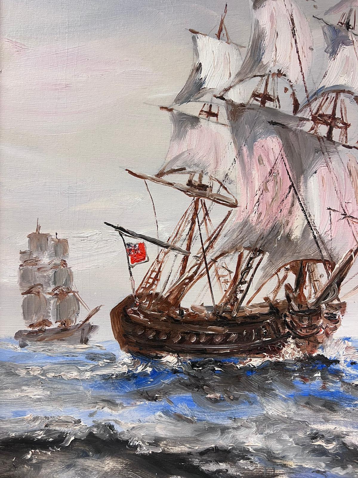 Large Historical Naval Oil Painting Classic Tall Sailing Ship on High Seas  For Sale 4