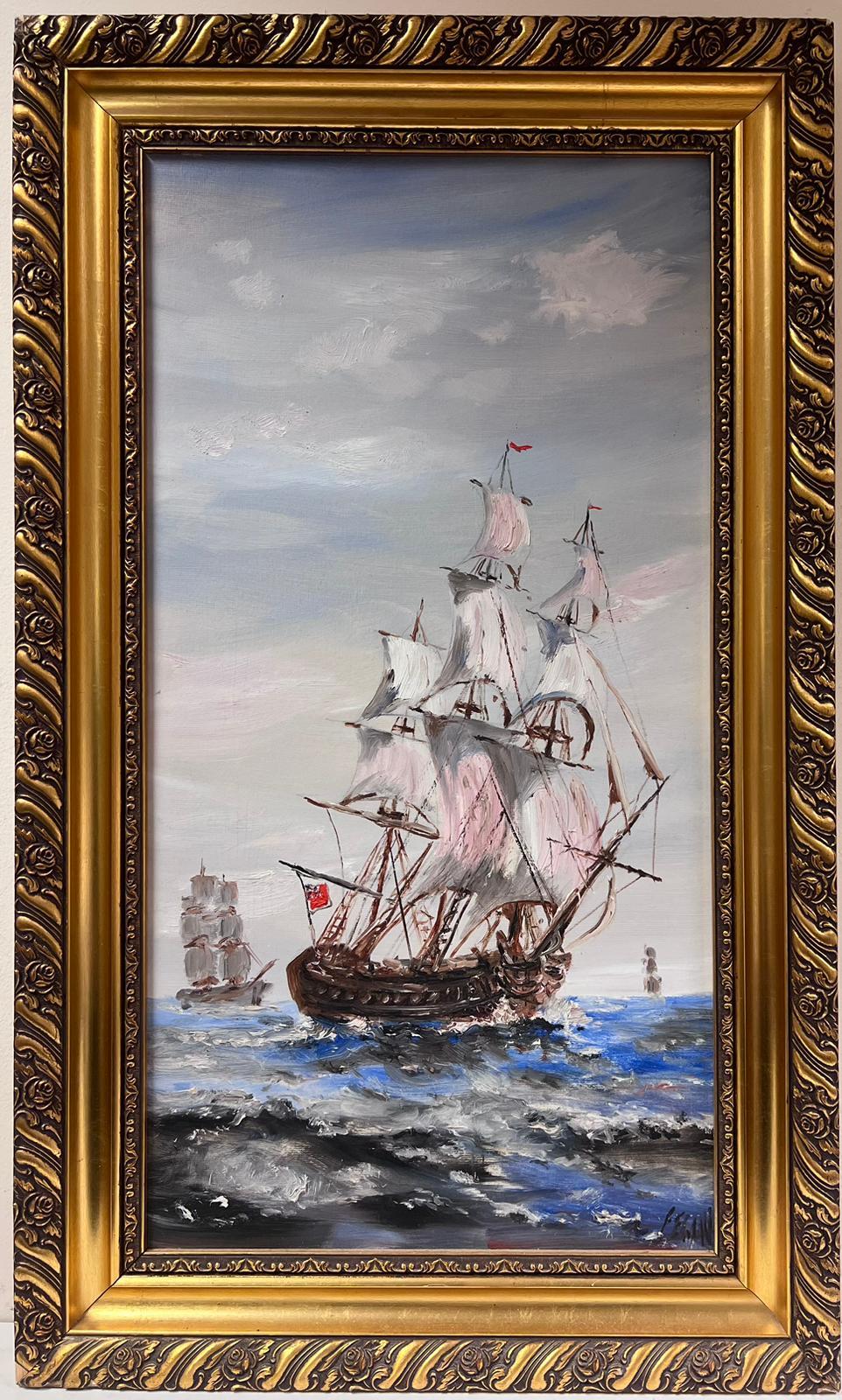 F. C. Fagan Figurative Painting - Large Historical Naval Oil Painting Classic Tall Sailing Ship on High Seas 