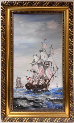 Retro Large Historical Naval Oil Painting Classic Tall Sailing Ship on High Seas 