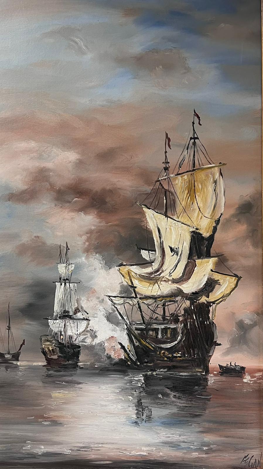 Historical Naval Battle Scene Engagement at Sea Signed English Oil Painting For Sale 4