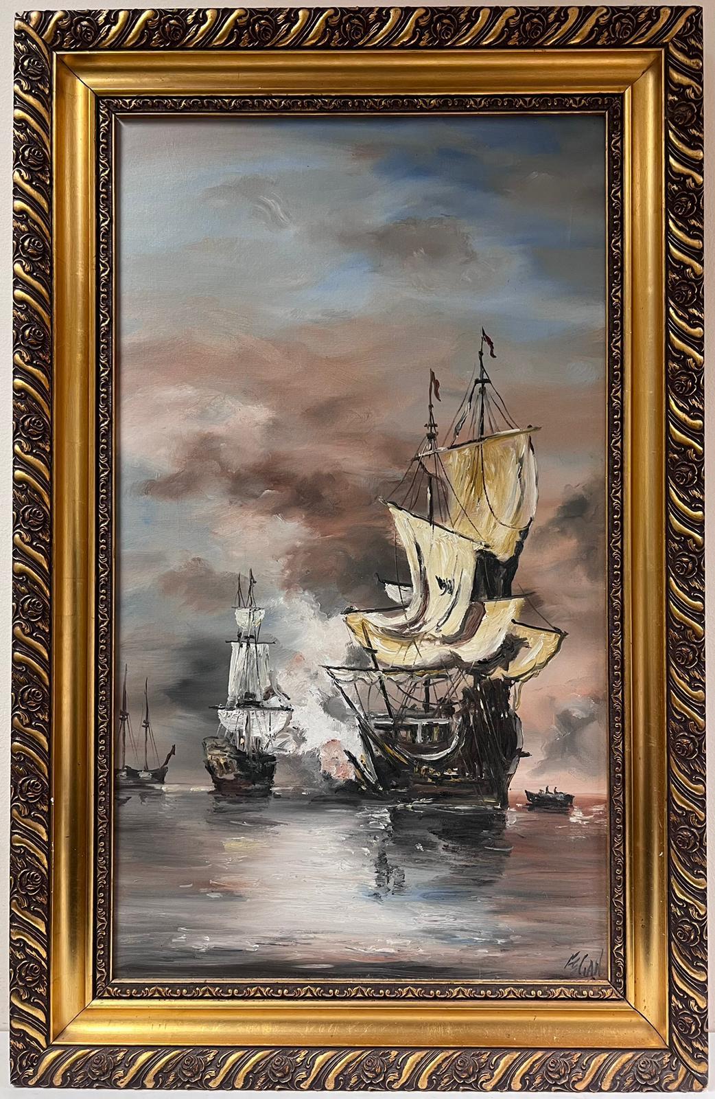 Peinture à l'huile anglaise d'une scène de bataille navale historique Engagement at Sea signée