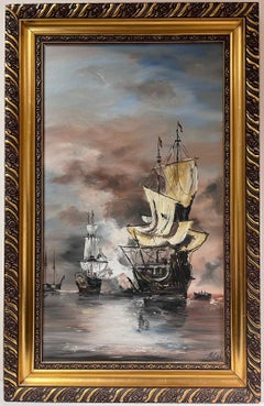Peinture à l'huile anglaise d'une scène de bataille navale historique Engagement at Sea signée