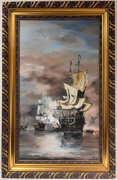 Scena di battaglia navale storica Ingaggio in mare, firmata pittura ad olio in inglese