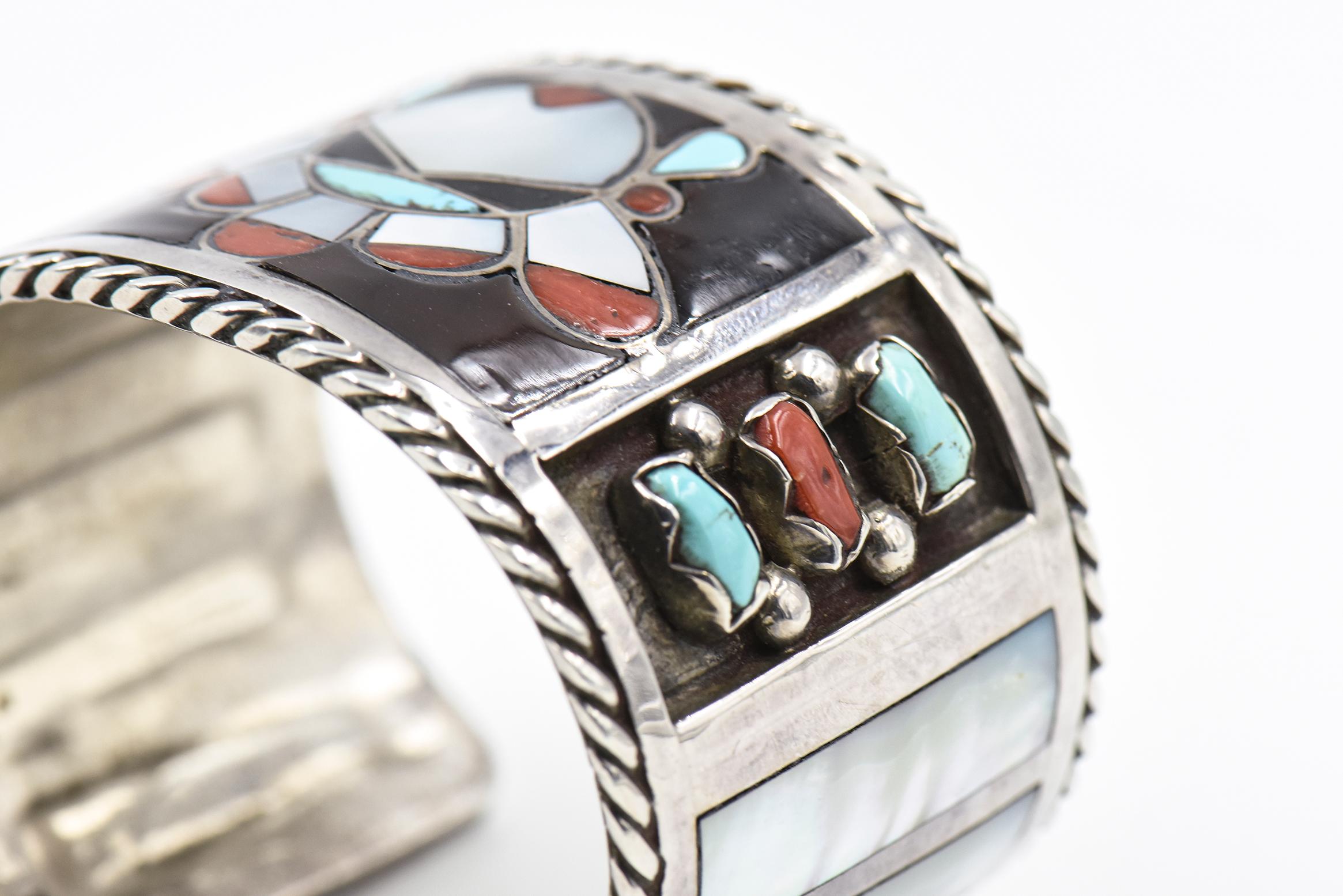 Women's or Men's F. C. Gasper Native American Zuni Inlay Face Turquoise Silver Cuff Bracelet For Sale